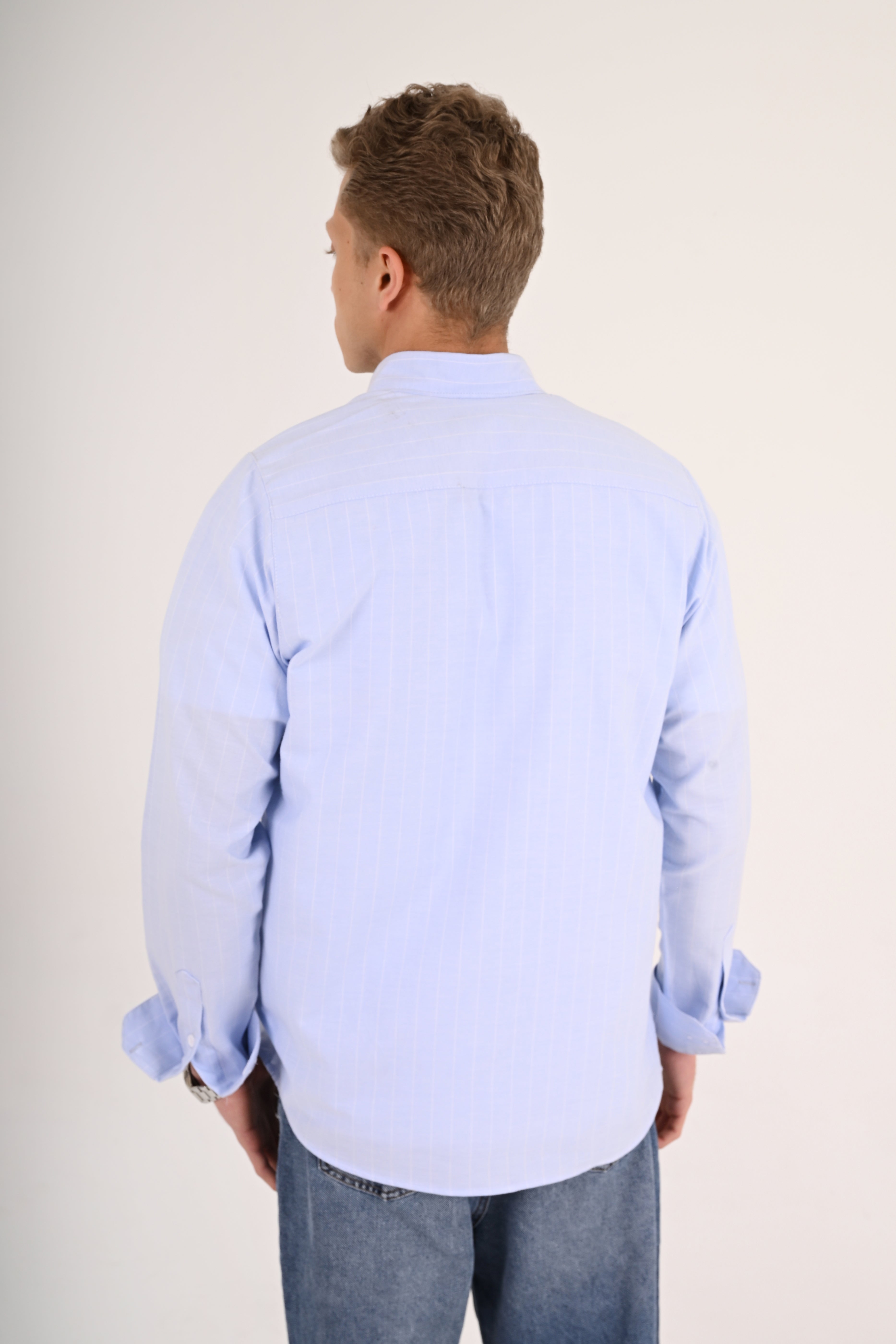 Powder Blue Striped Cotton Regular Fit Shirt
