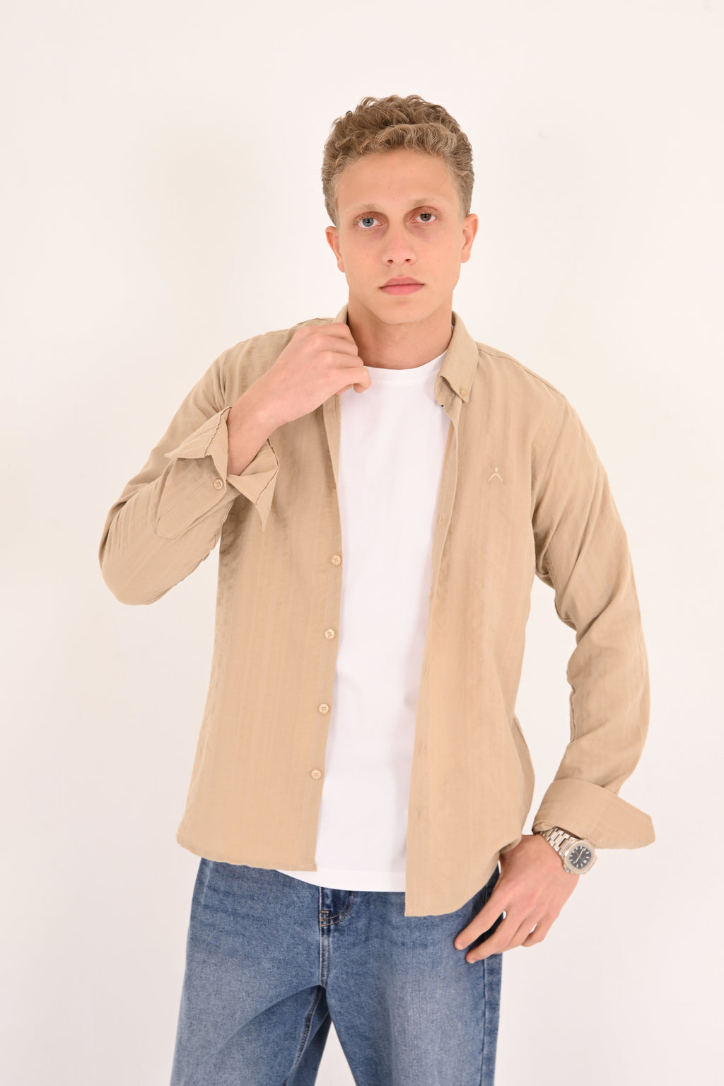 Warm Sand Cotton Jacquard Regular Fit Shirt