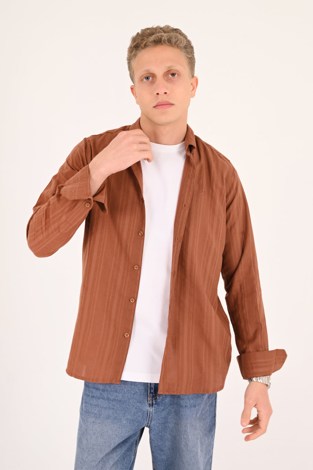 Warm Tobacco Cotton Jacquard Regular Fit Shirt