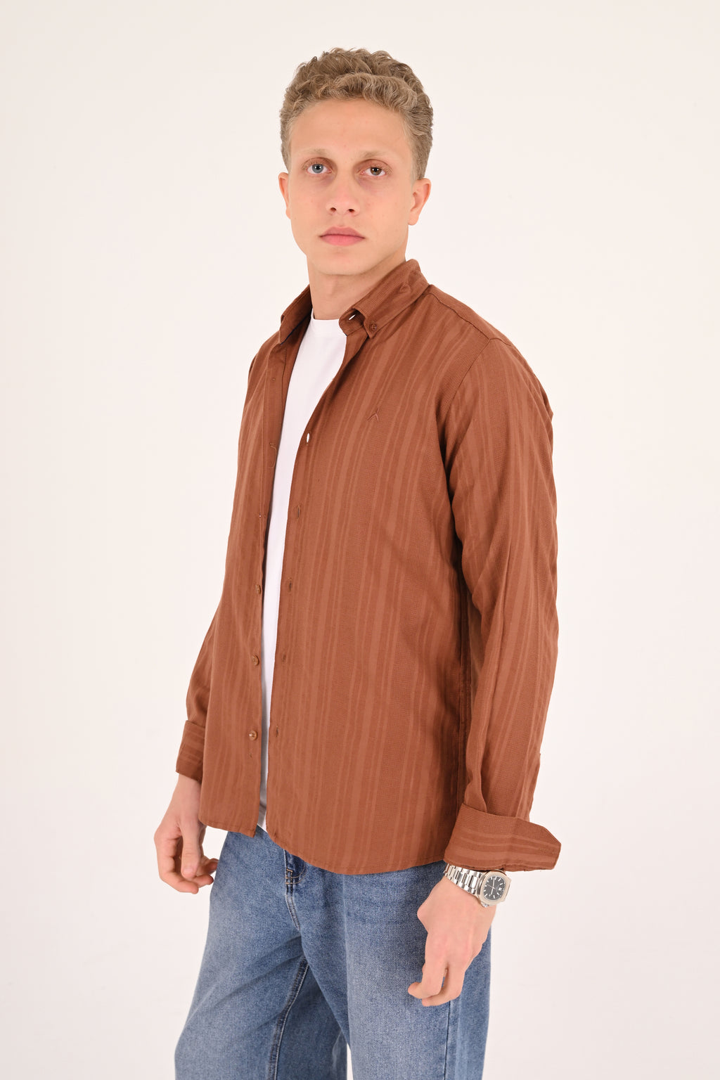 Warm Tobacco Cotton Jacquard Regular Fit Shirt