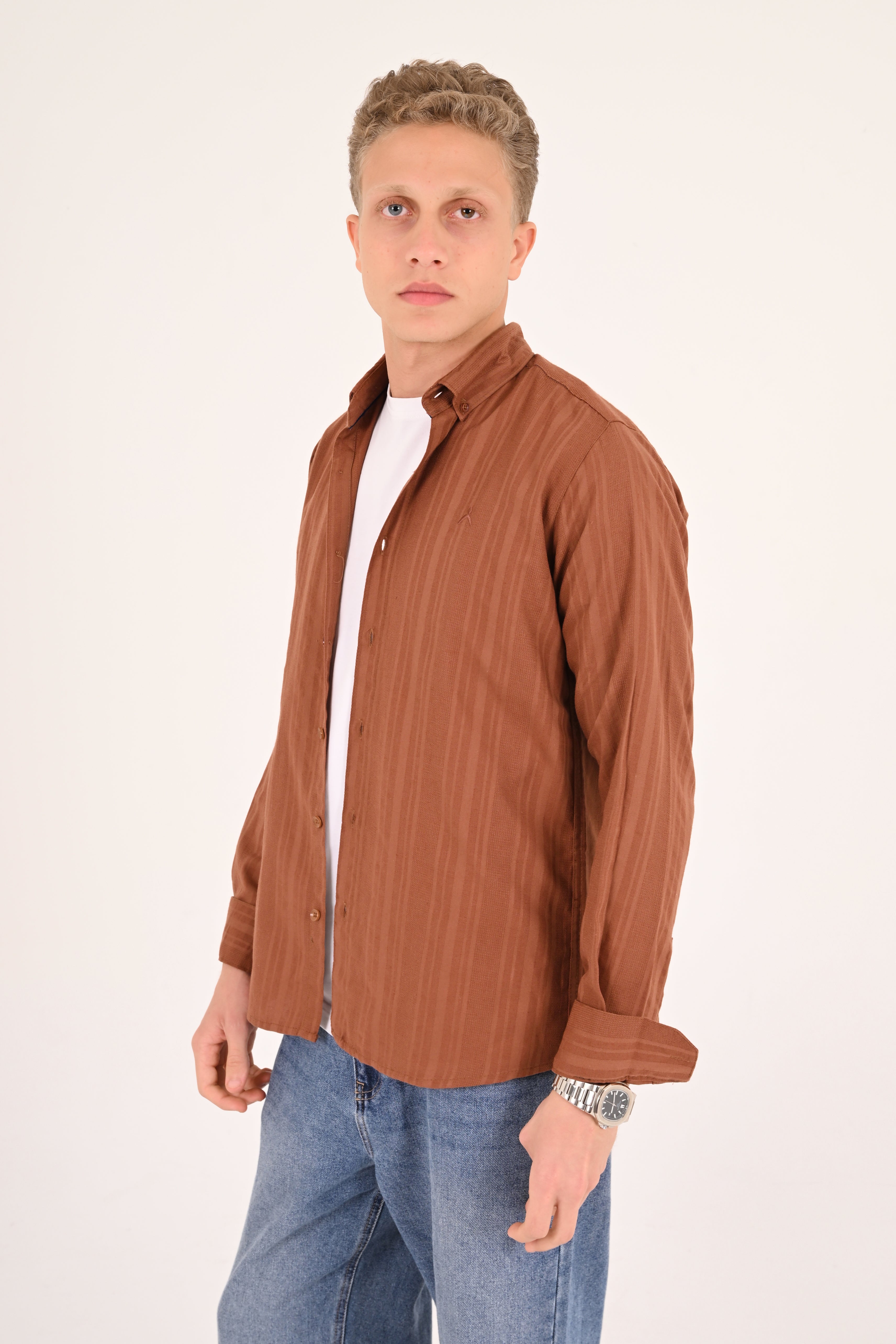 Warm Tobacco Cotton Jacquard Regular Fit Shirt
