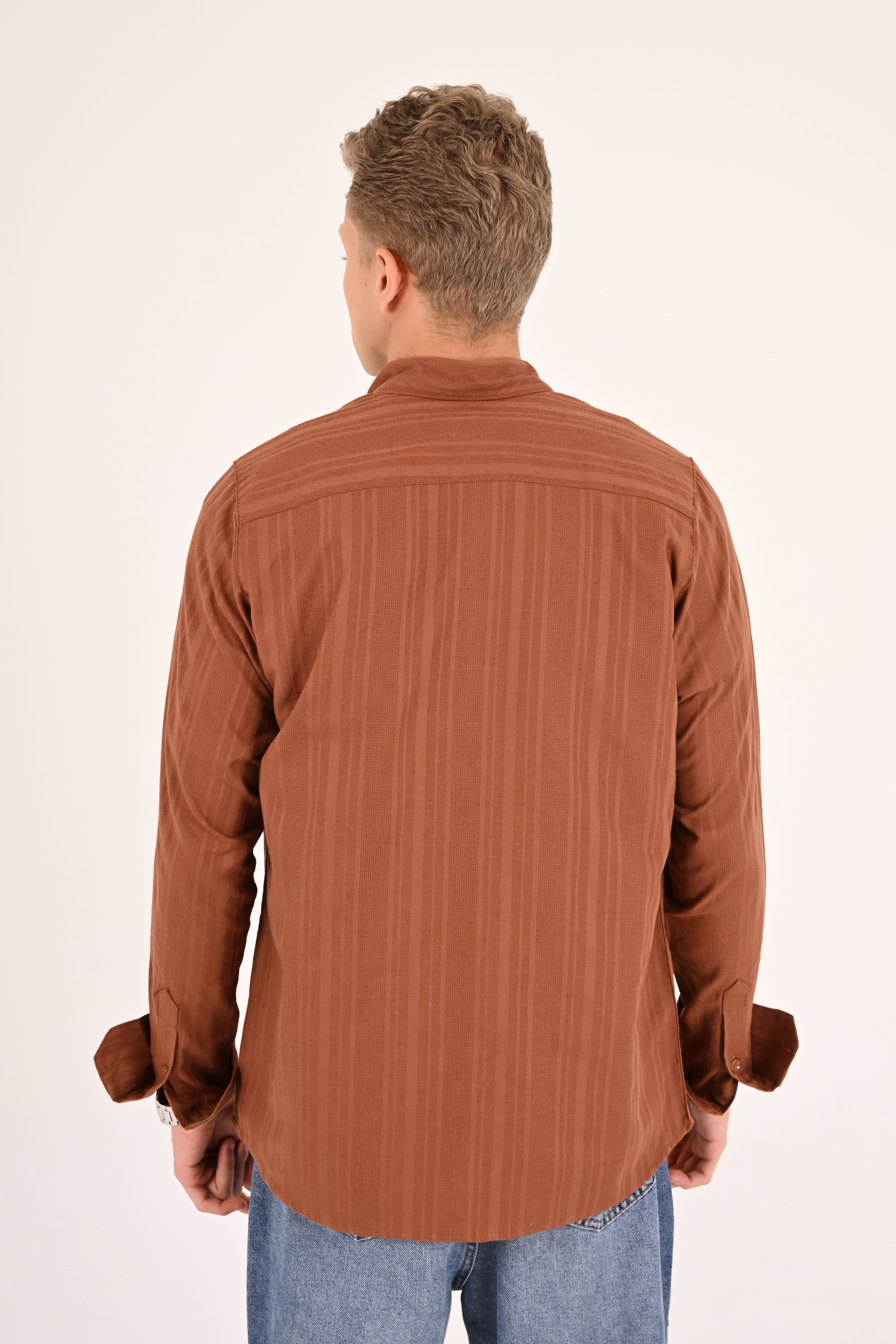 Warm Tobacco Cotton Jacquard Regular Fit Shirt
