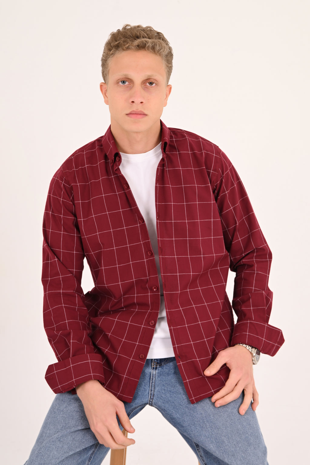 Burgundy Windowpane Regular Fit Check Shirt