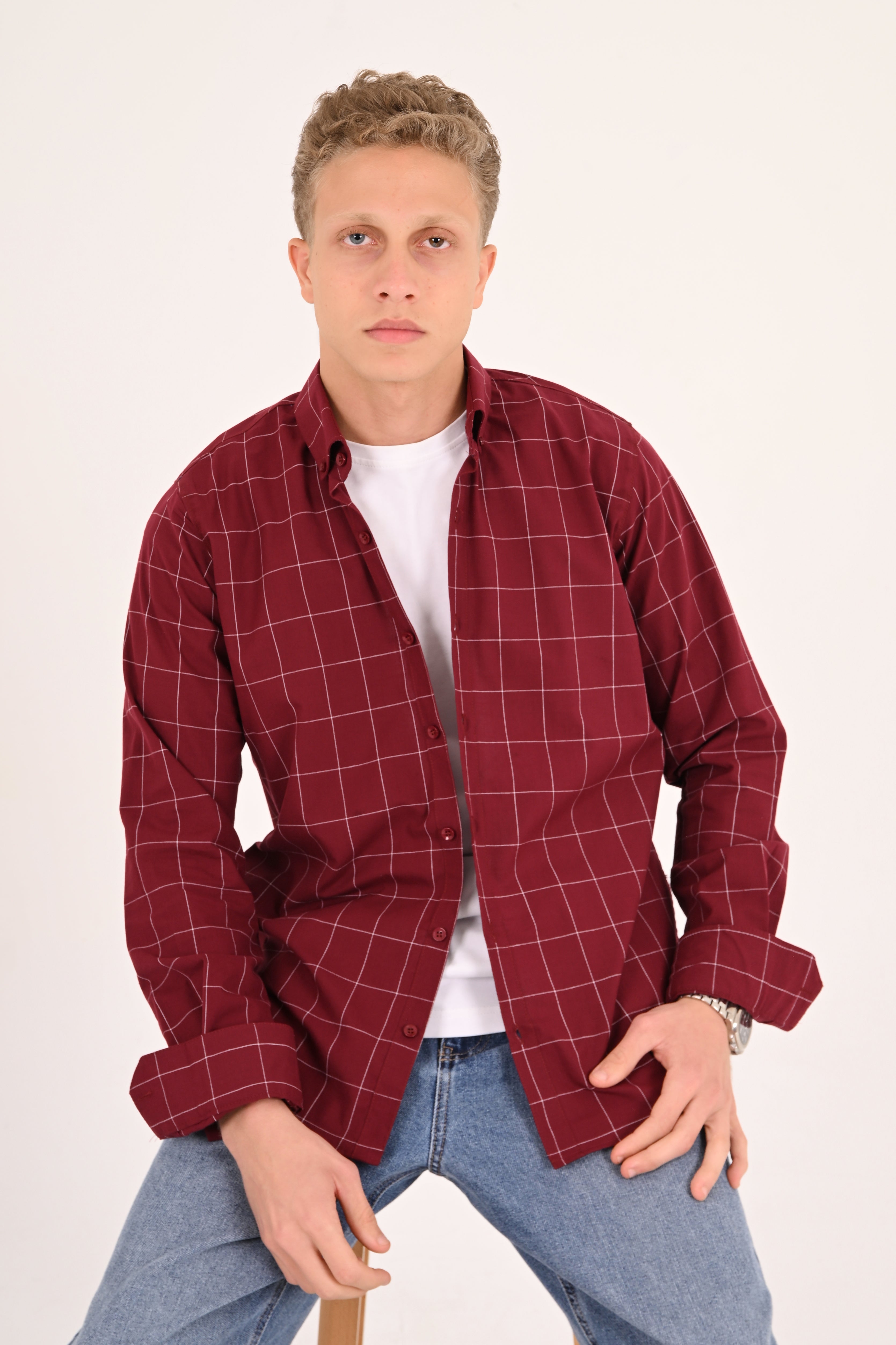 Burgundy Windowpane Regular Fit Check Shirt