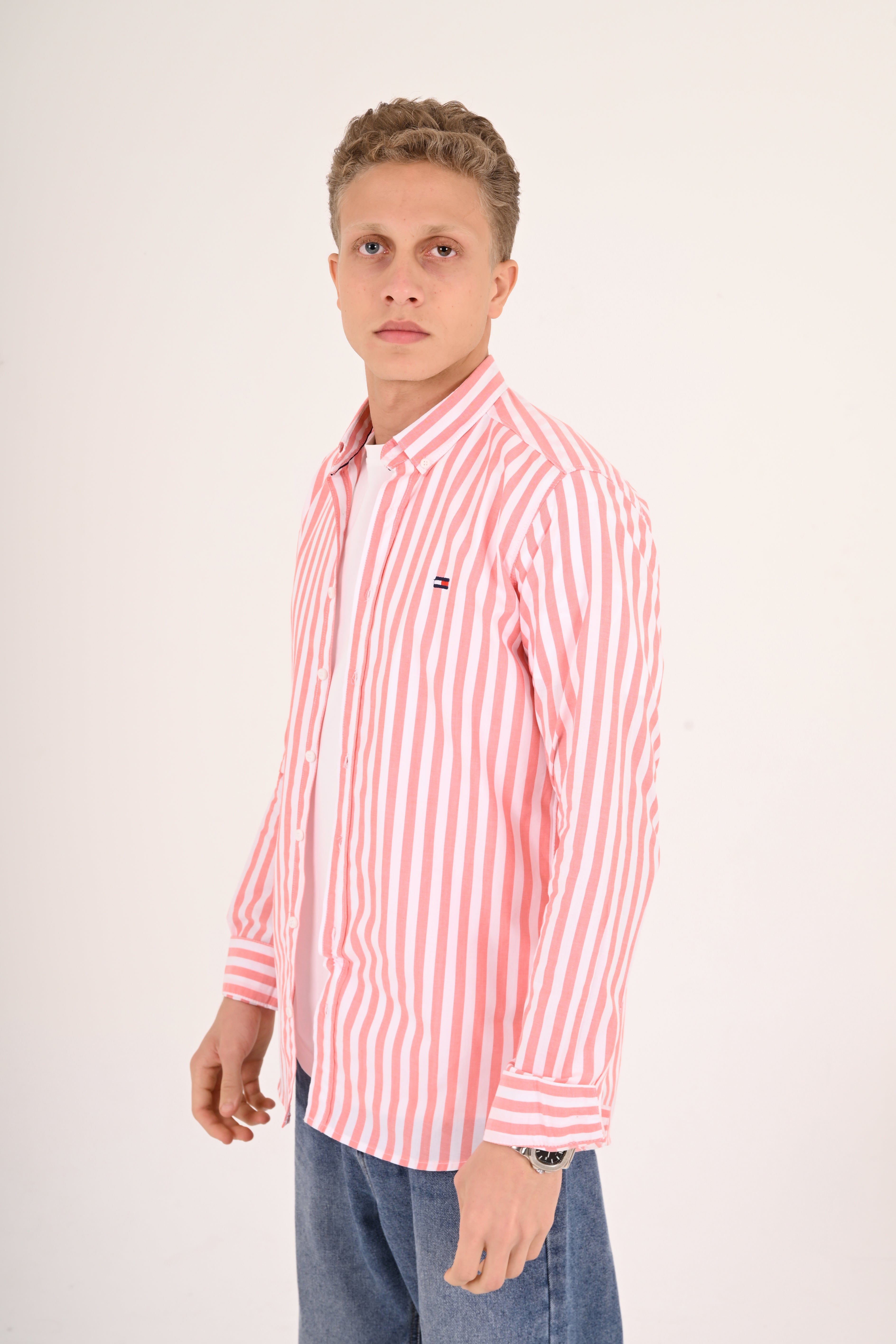 Coral Pink Striped Tommy Regular Fit Shirt