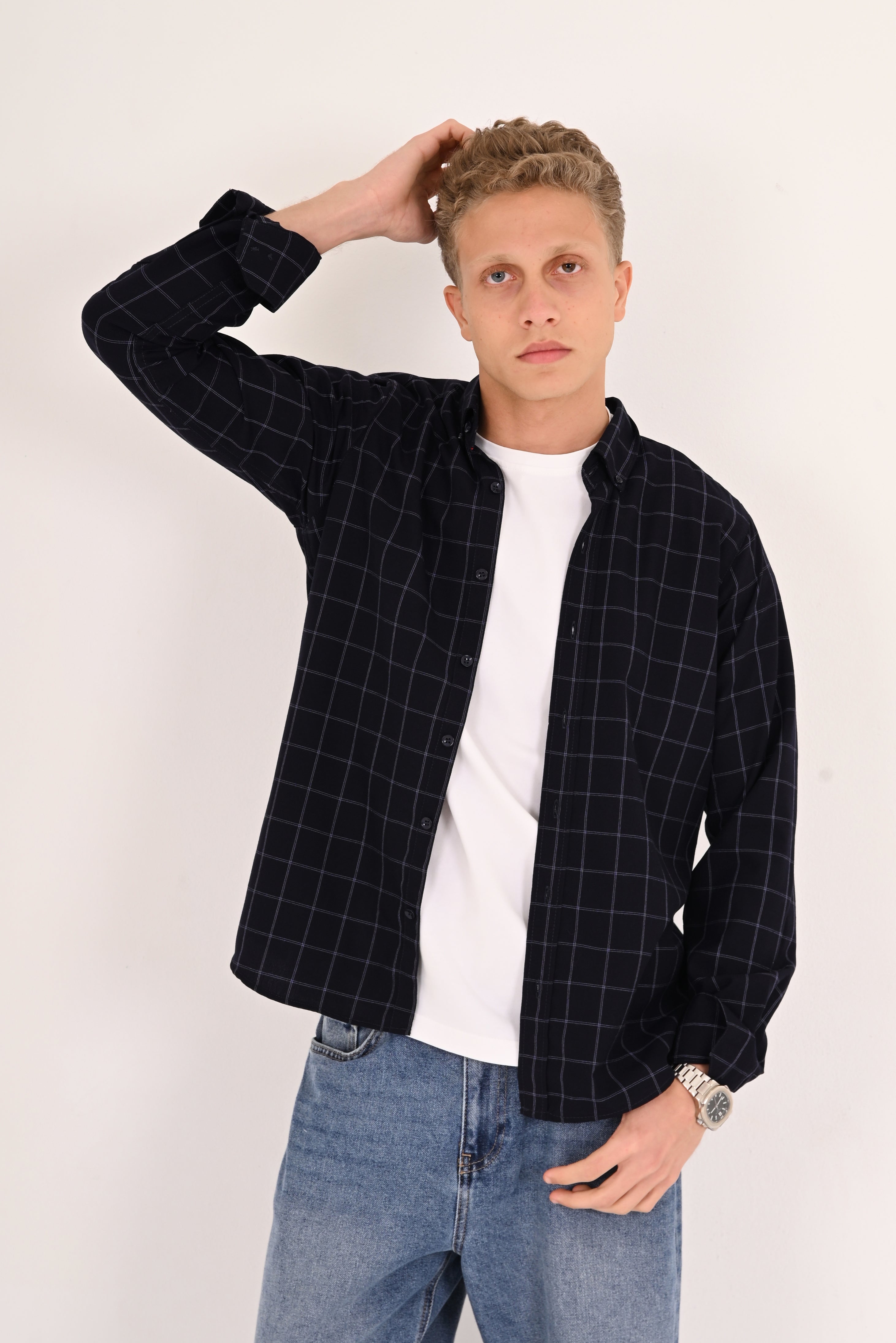 Dark Navy Windowpane Regular Fit Check Shirt