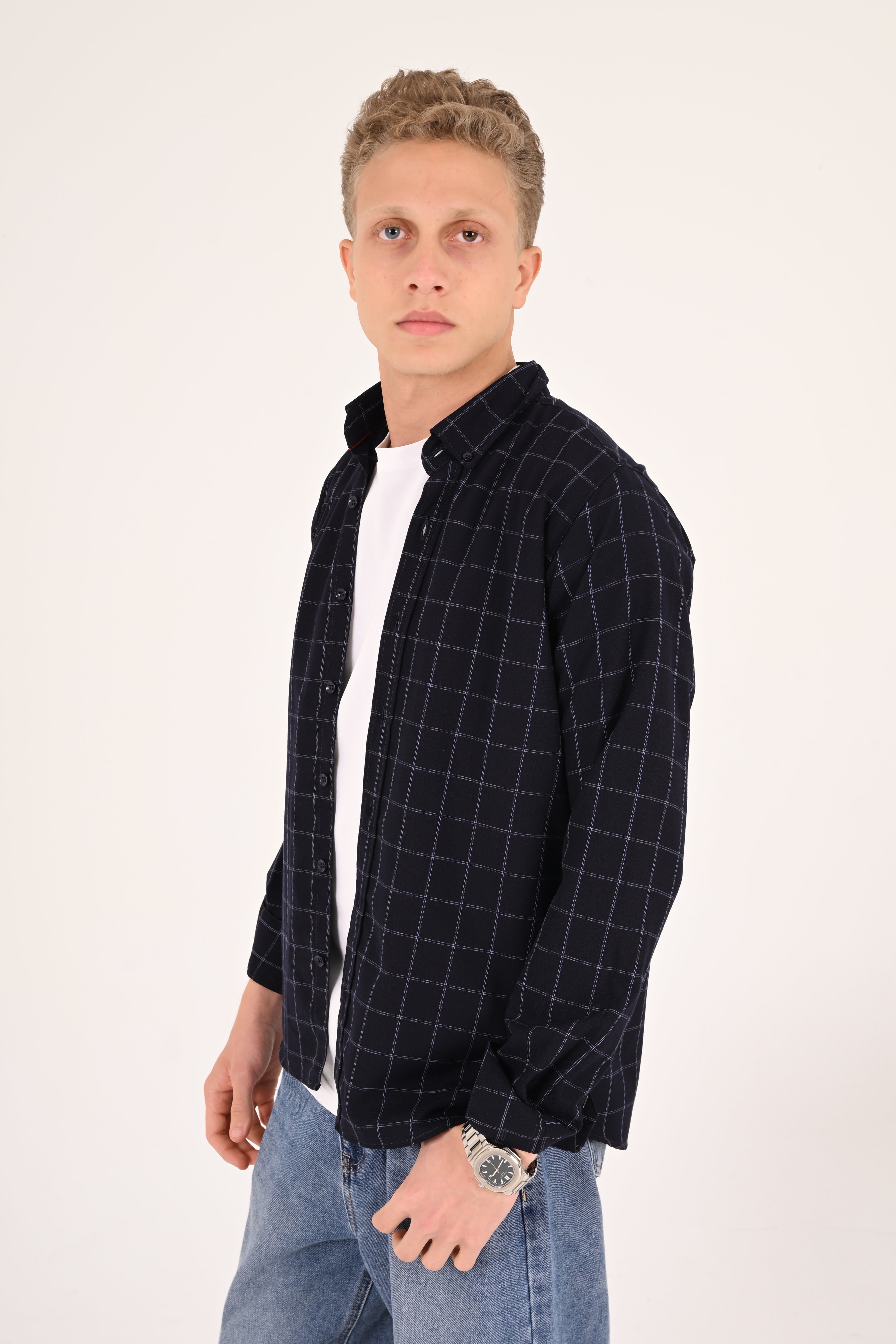 Dark Navy Windowpane Regular Fit Check Shirt