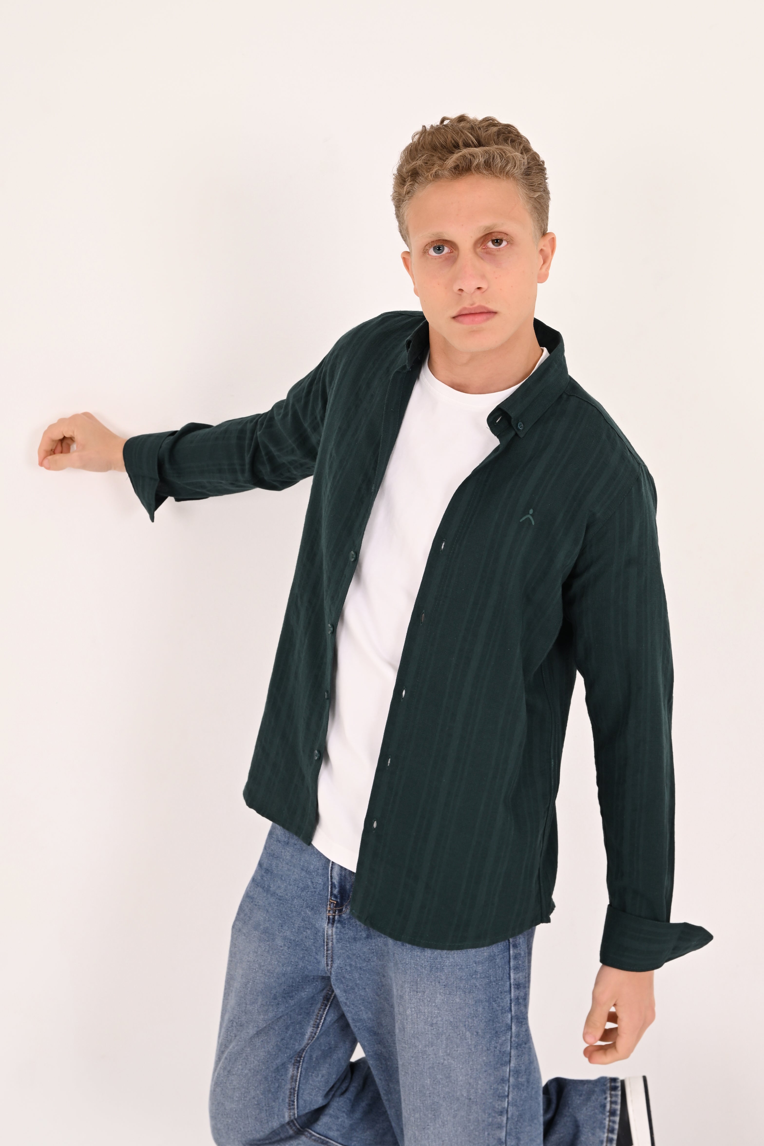 Forest Green Cotton Jacquard Regular Fit Shirt