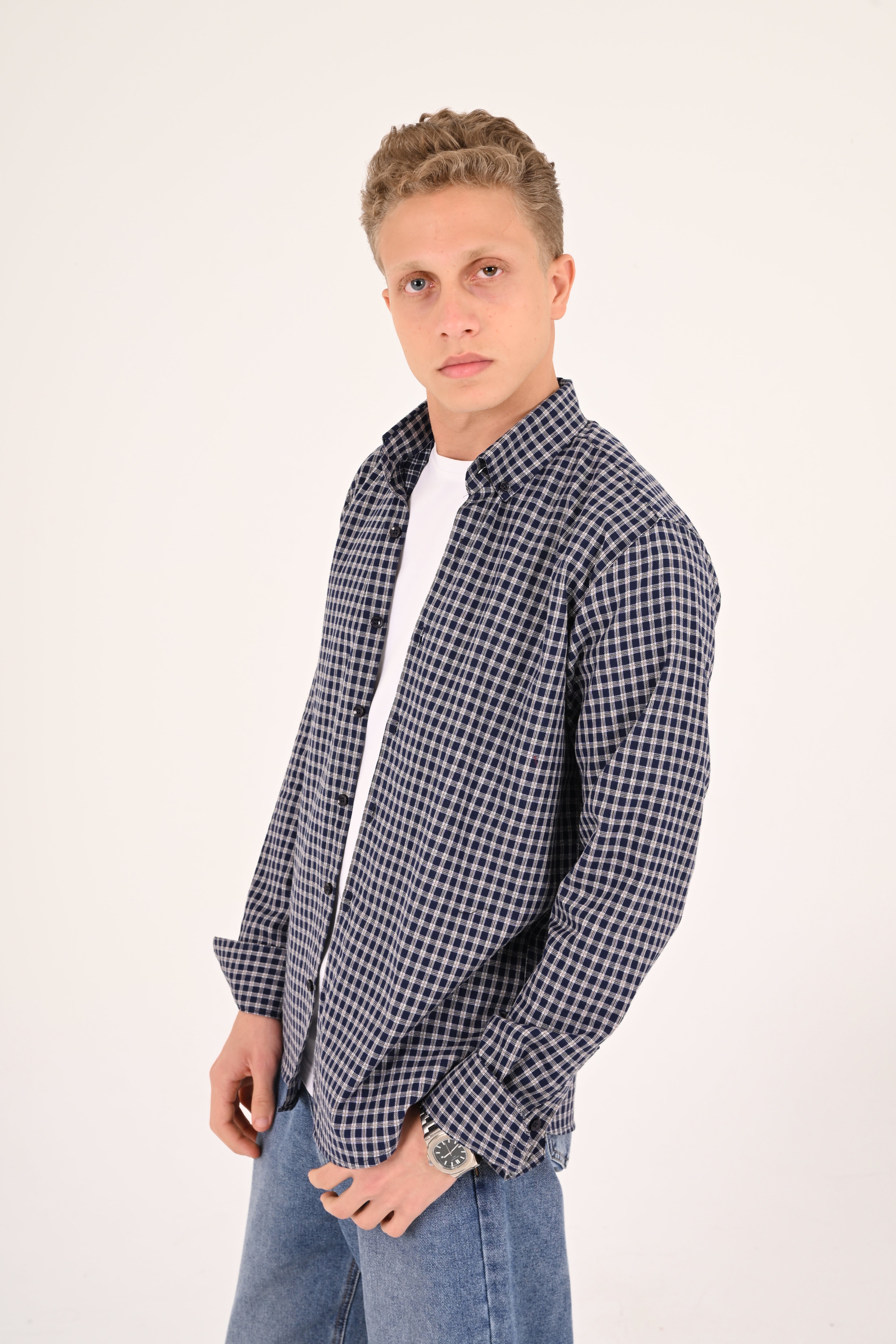 Navy Grey Small Check Regular Fit Shirt