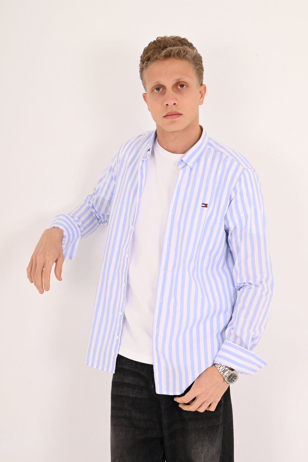 Sky Blue Striped Tommy Regular Fit Shirt
