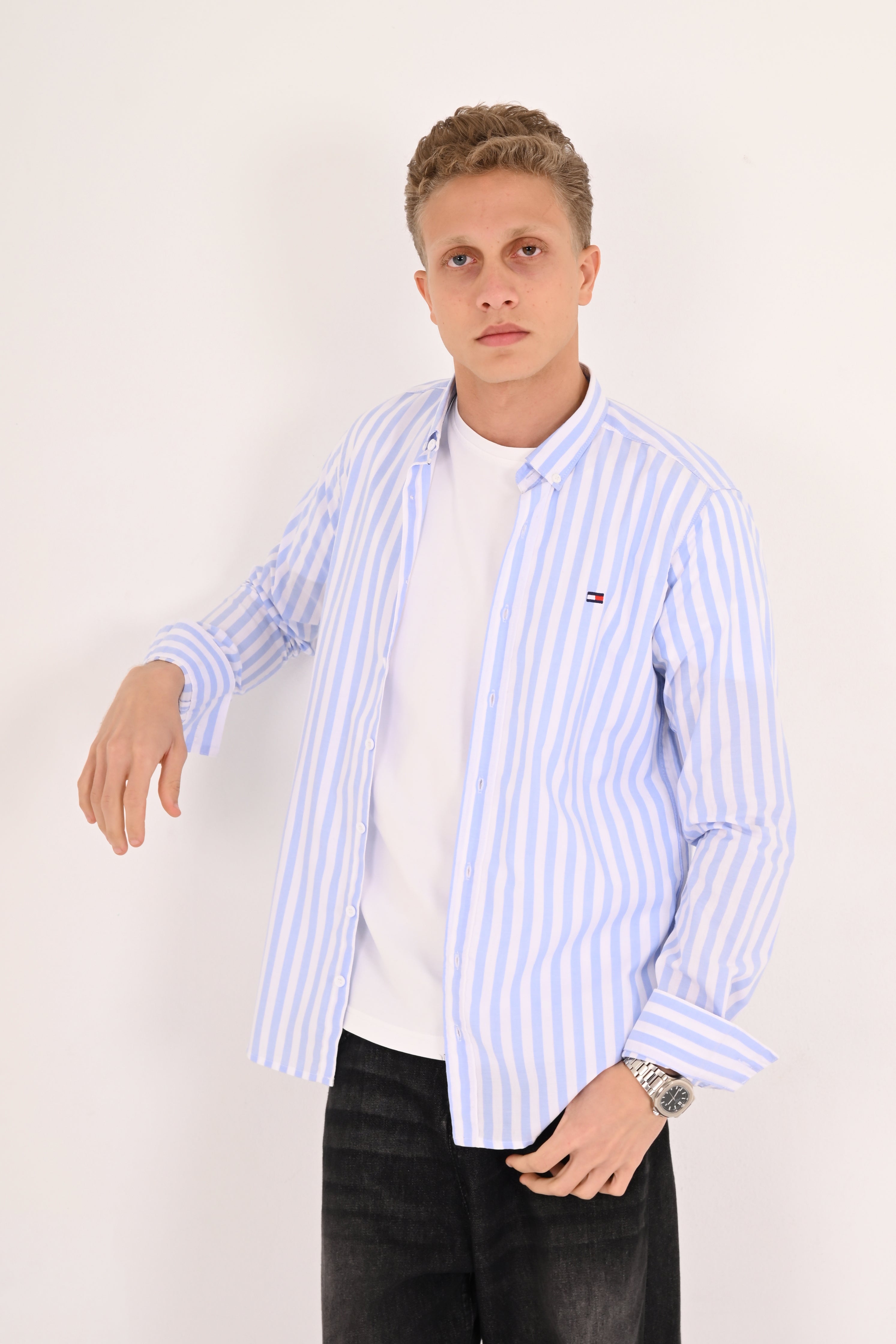 Sky Blue Striped Tommy Regular Fit Shirt