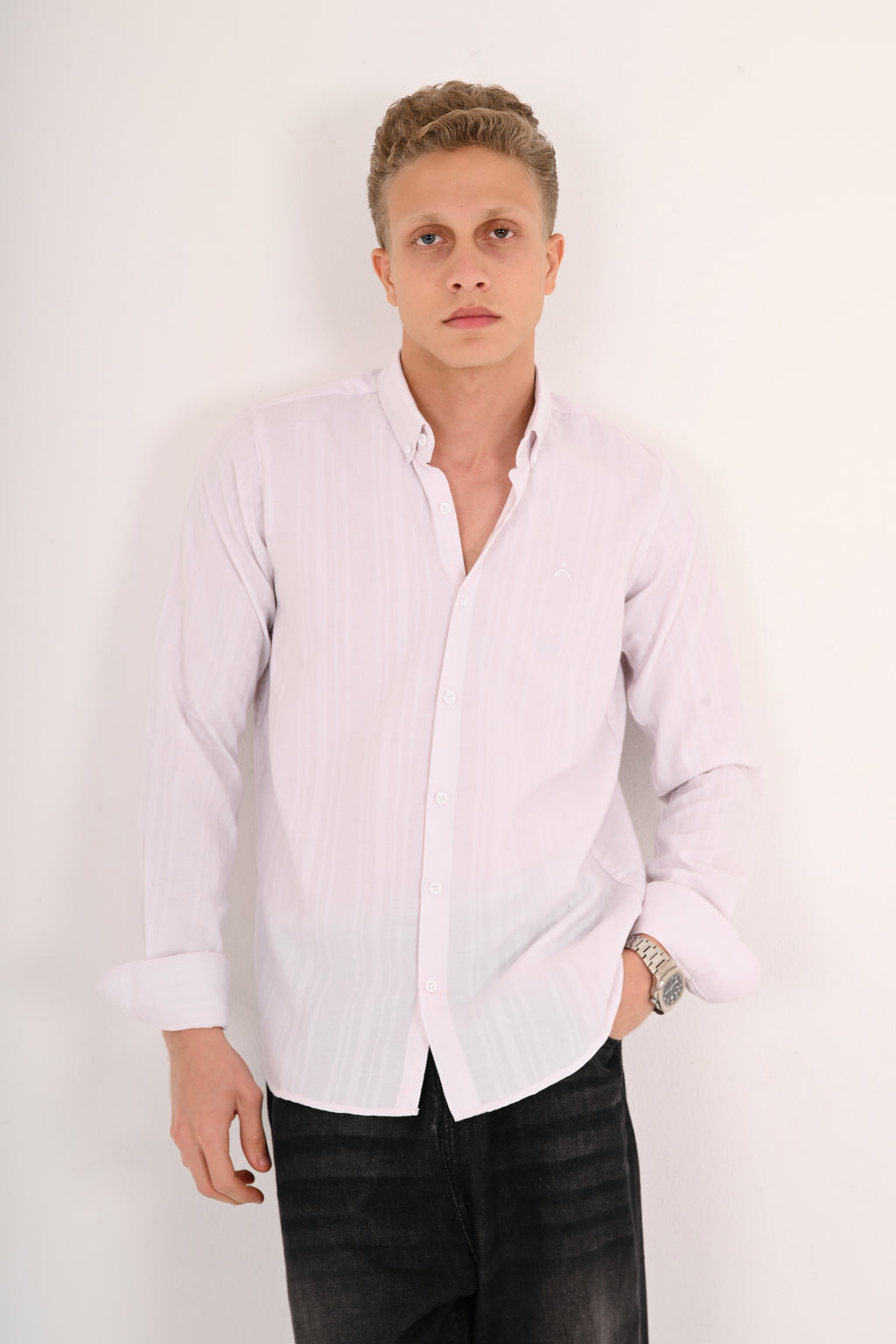 White Cotton Jacquard Regular Fit Shirt