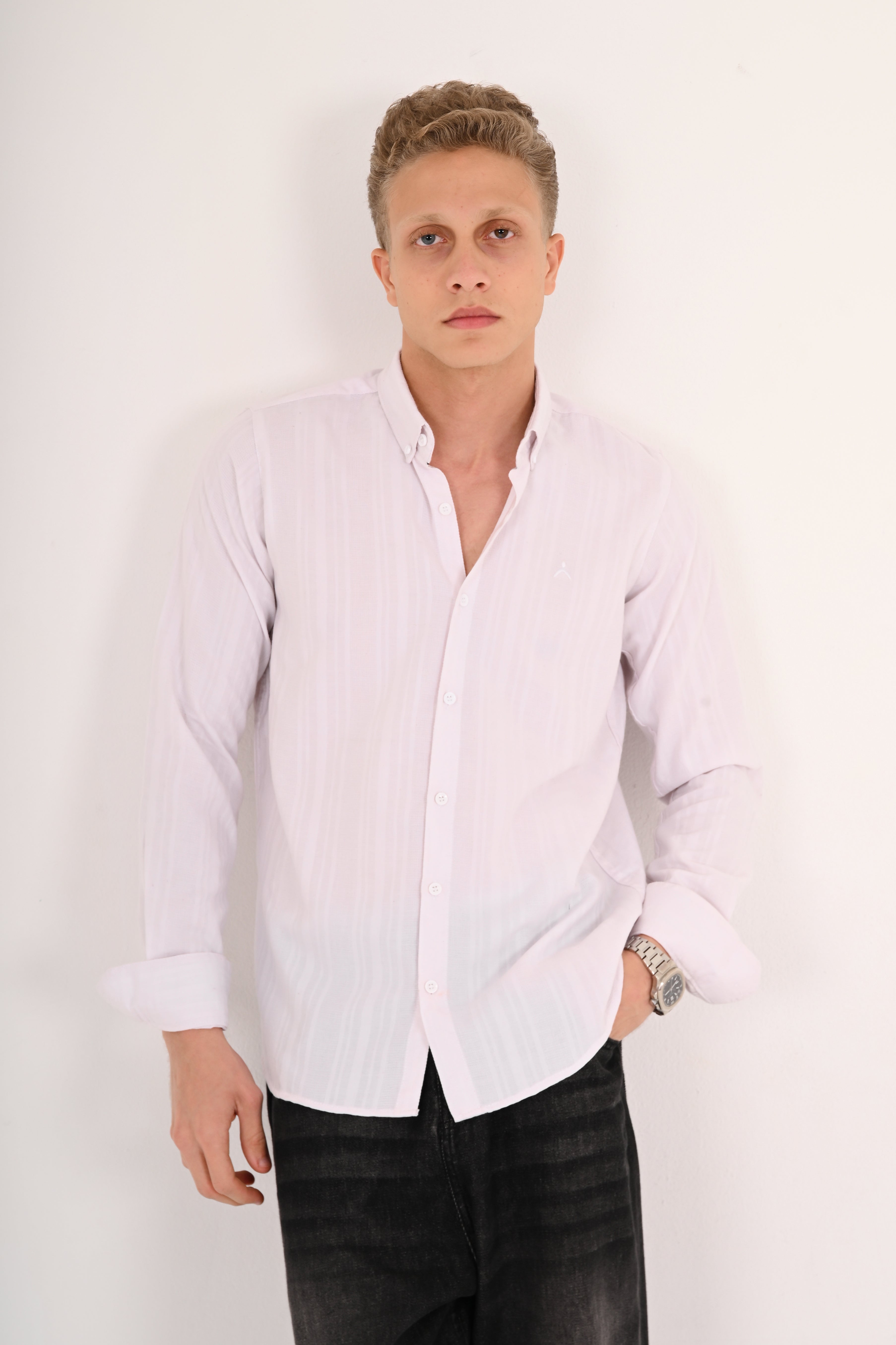 White Cotton Jacquard Regular Fit Shirt