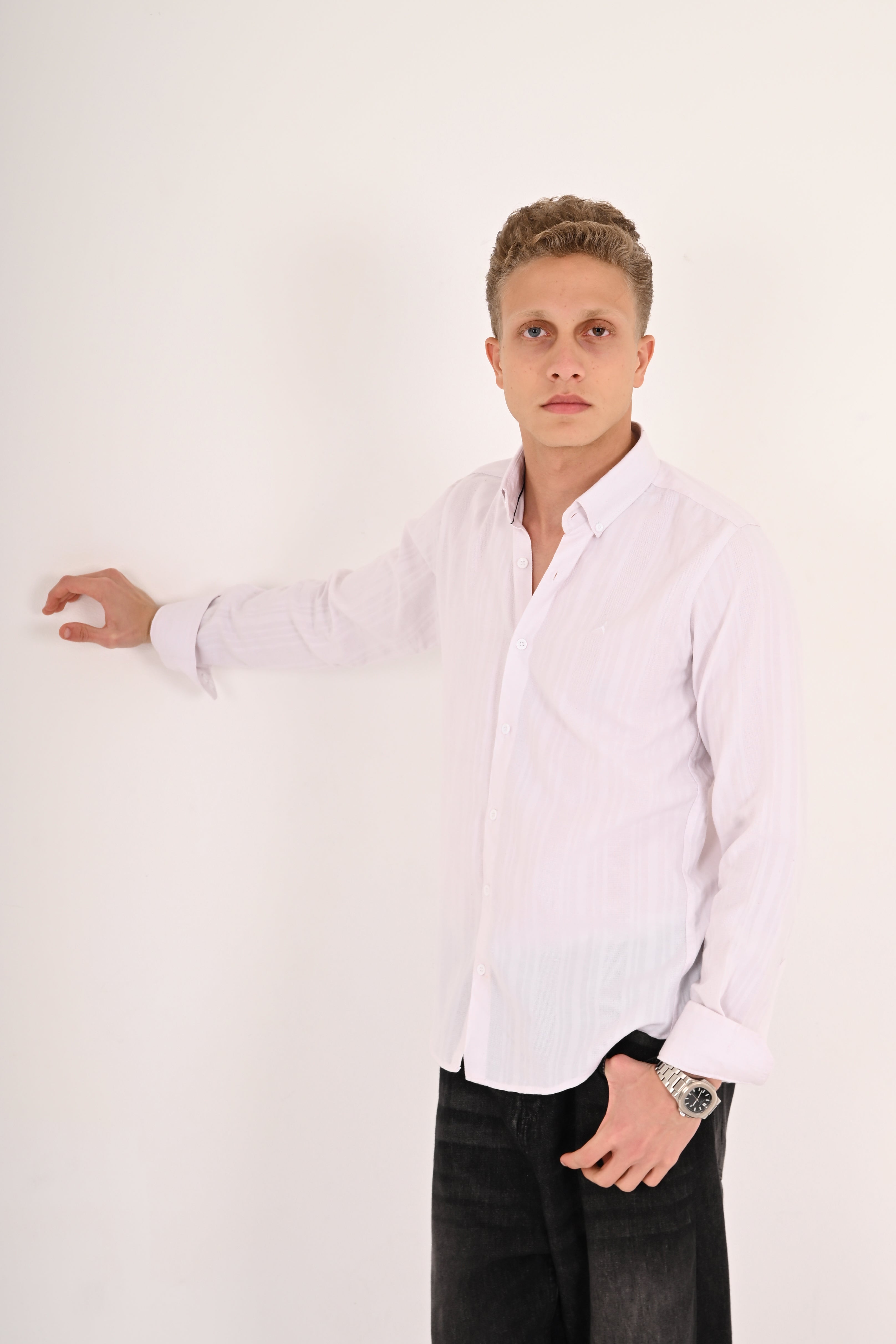 White Cotton Jacquard Regular Fit Shirt