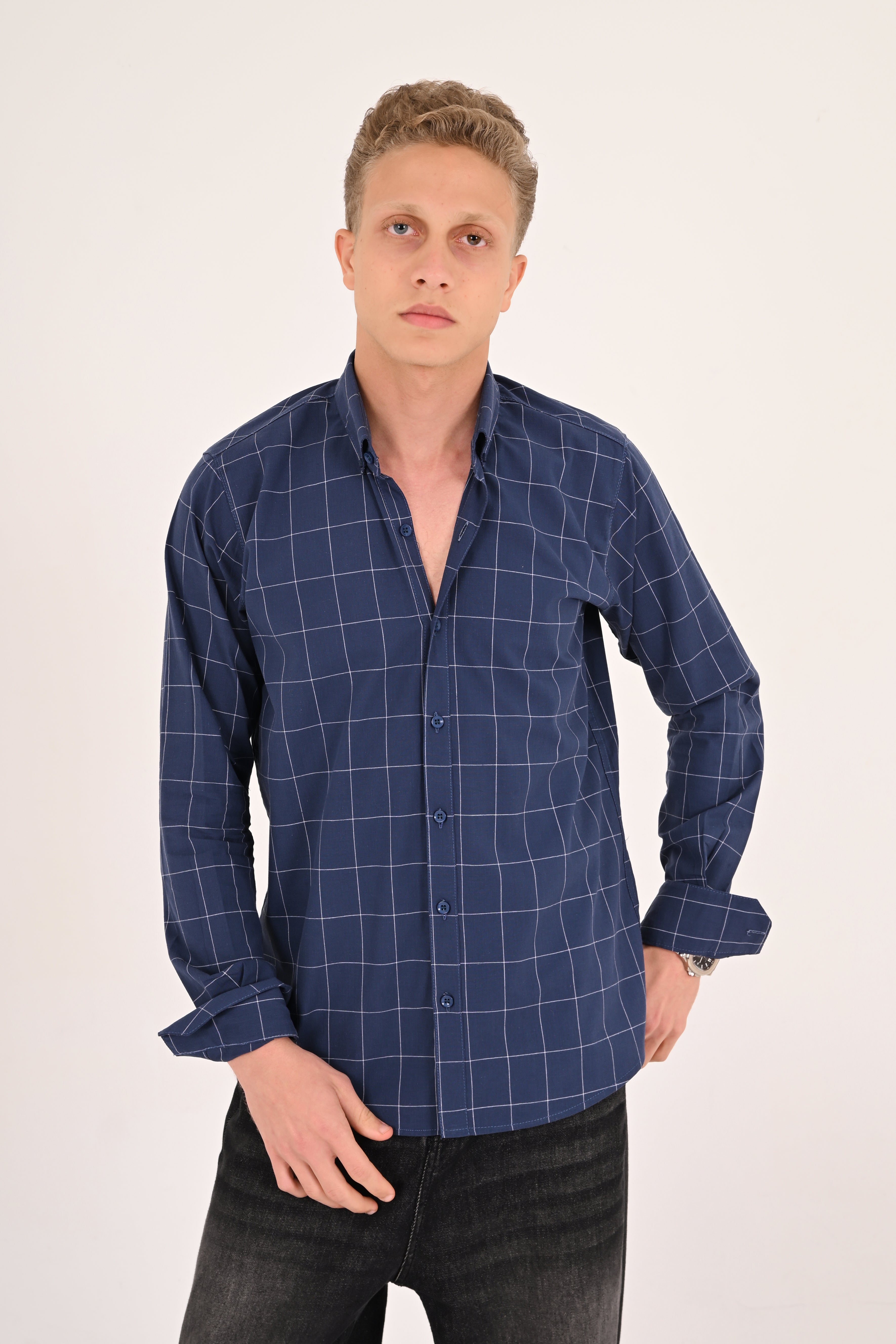 Blue Windowpane Regular Fit Check Shirt
