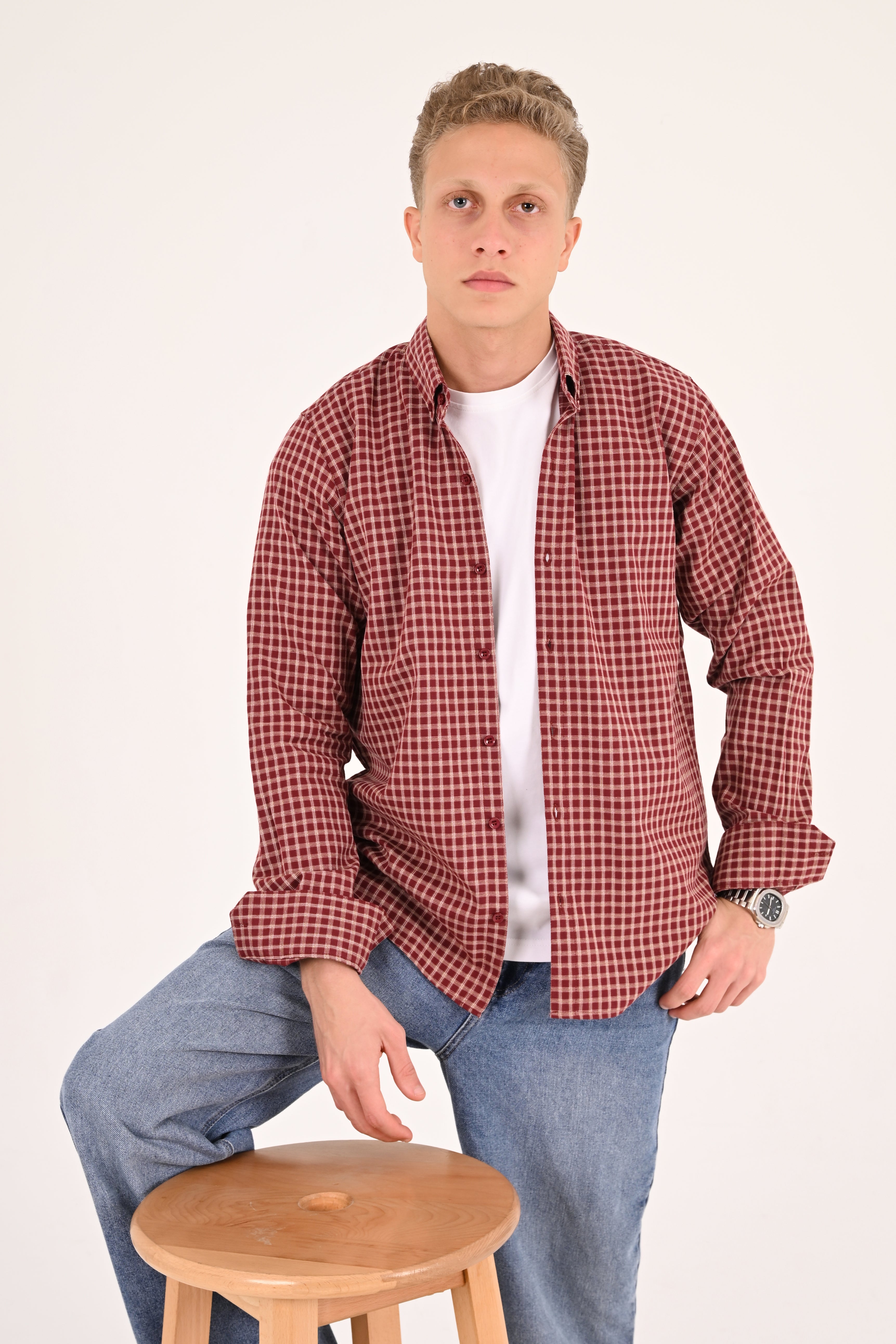 Deep Burgundy Small Check Regular Fit Shirt