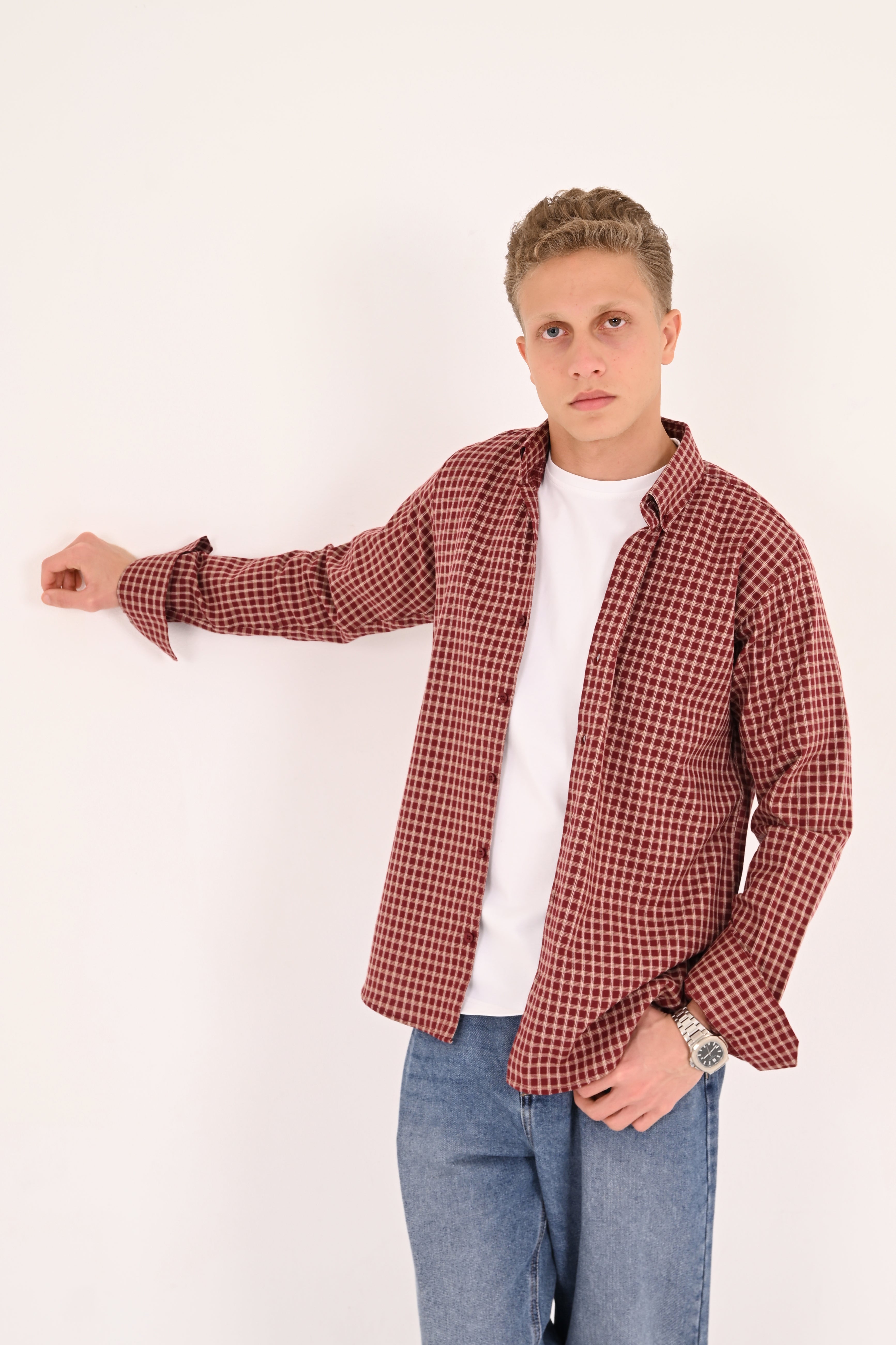 Deep Burgundy Small Check Regular Fit Shirt
