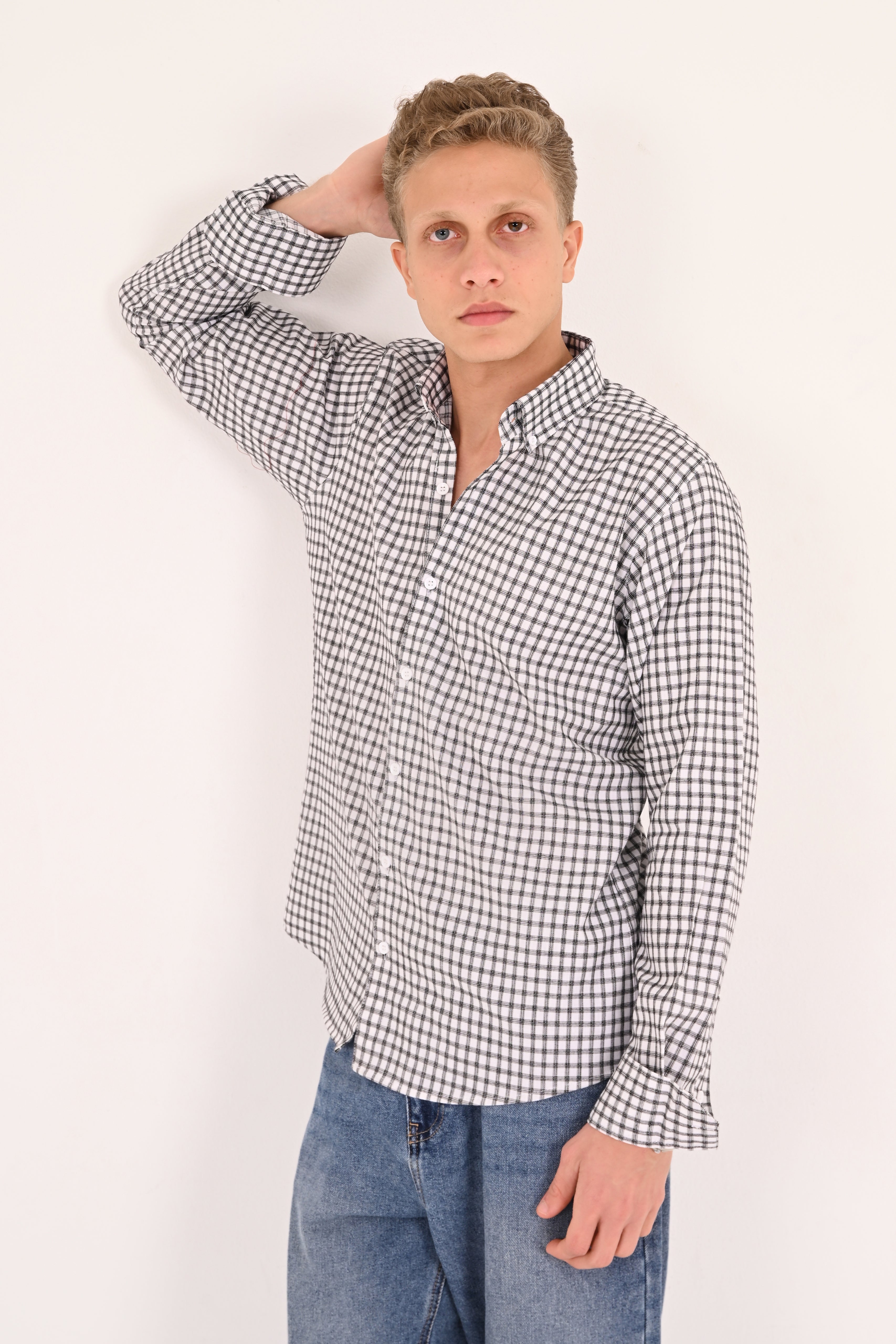 Crisp White Small Check Regular Fit Shirt