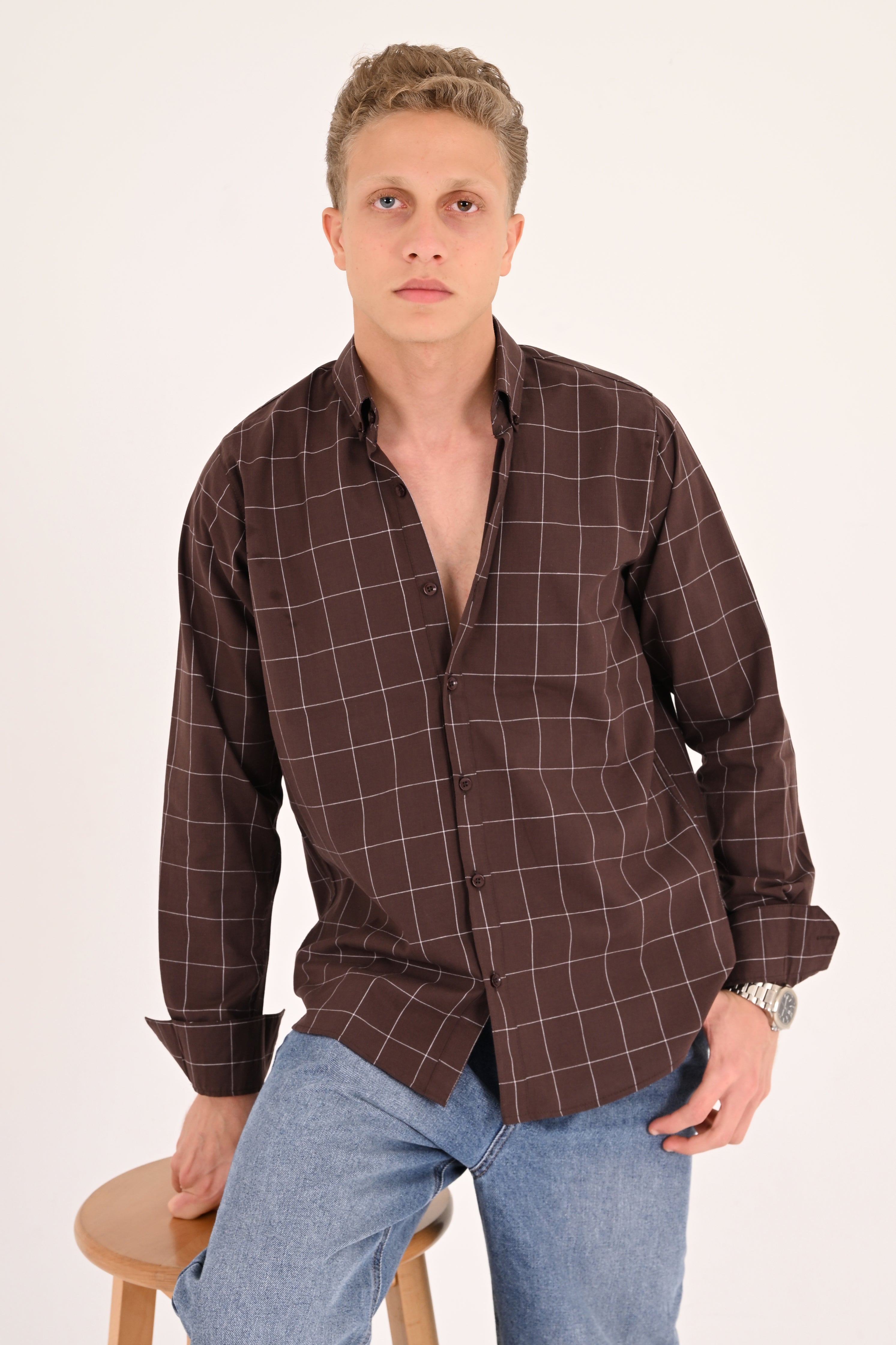 Mocha Windowpane Regular Fit Check Shirt