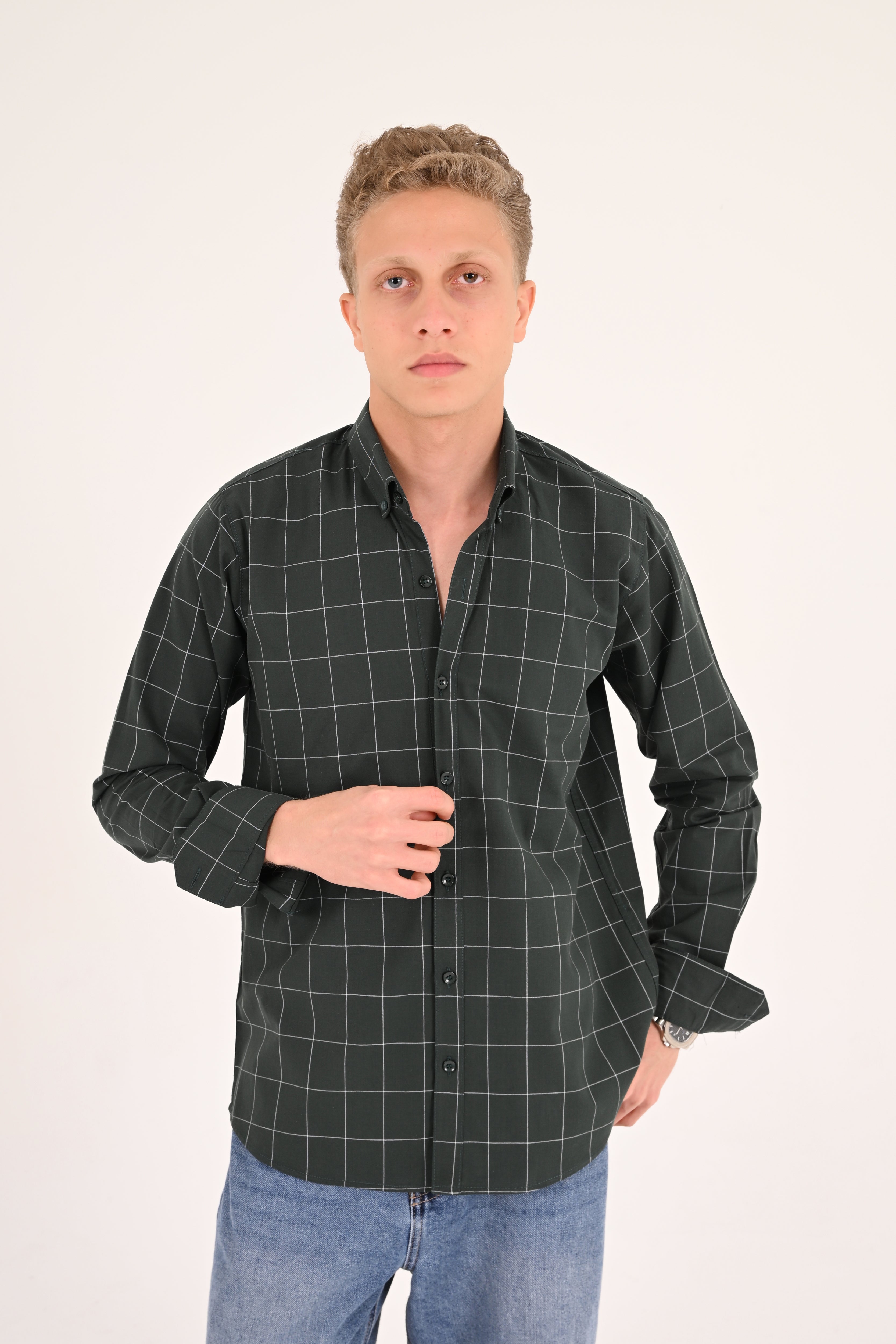 Forest Green Windowpane Regular Fit Check Shirt
