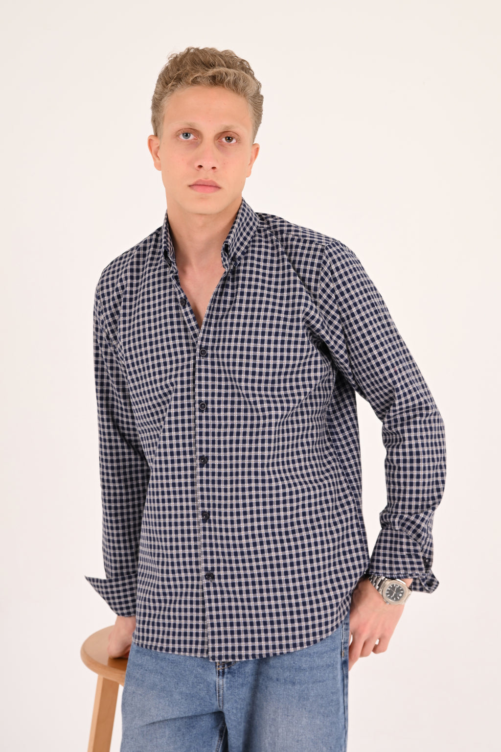 Navy Grey Small Check Regular Fit Shirt