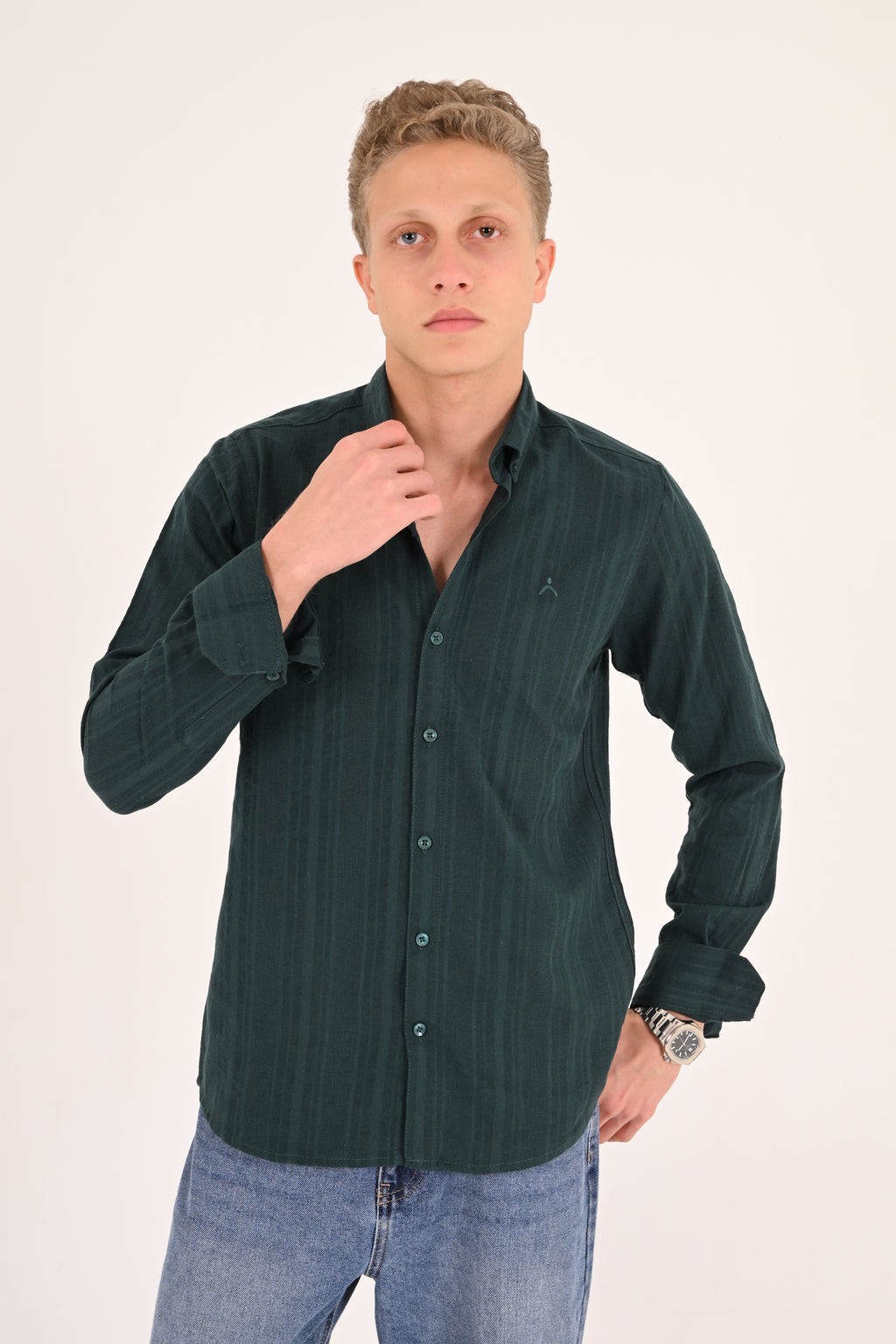 Forest Green Cotton Jacquard Regular Fit Shirt