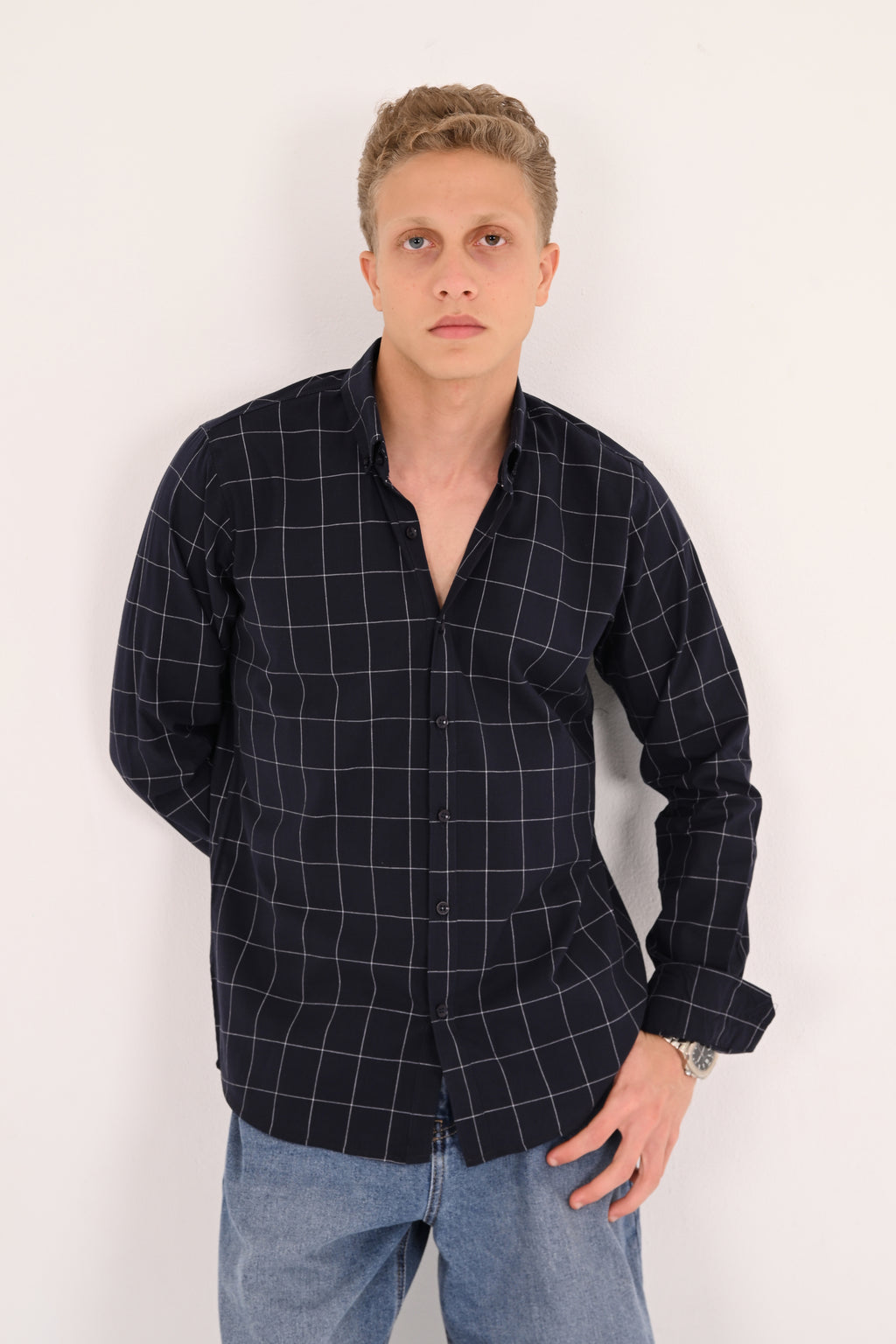 Midnight Navy Windowpane Regular Fit Check Shirt