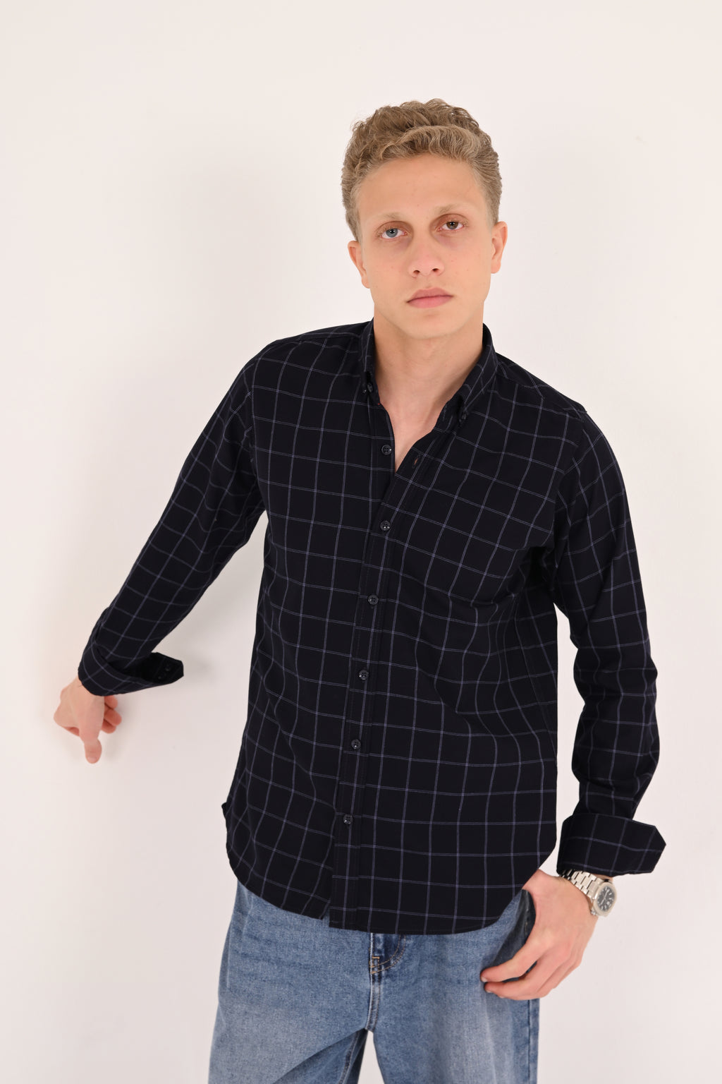 Dark Navy Windowpane Regular Fit Check Shirt