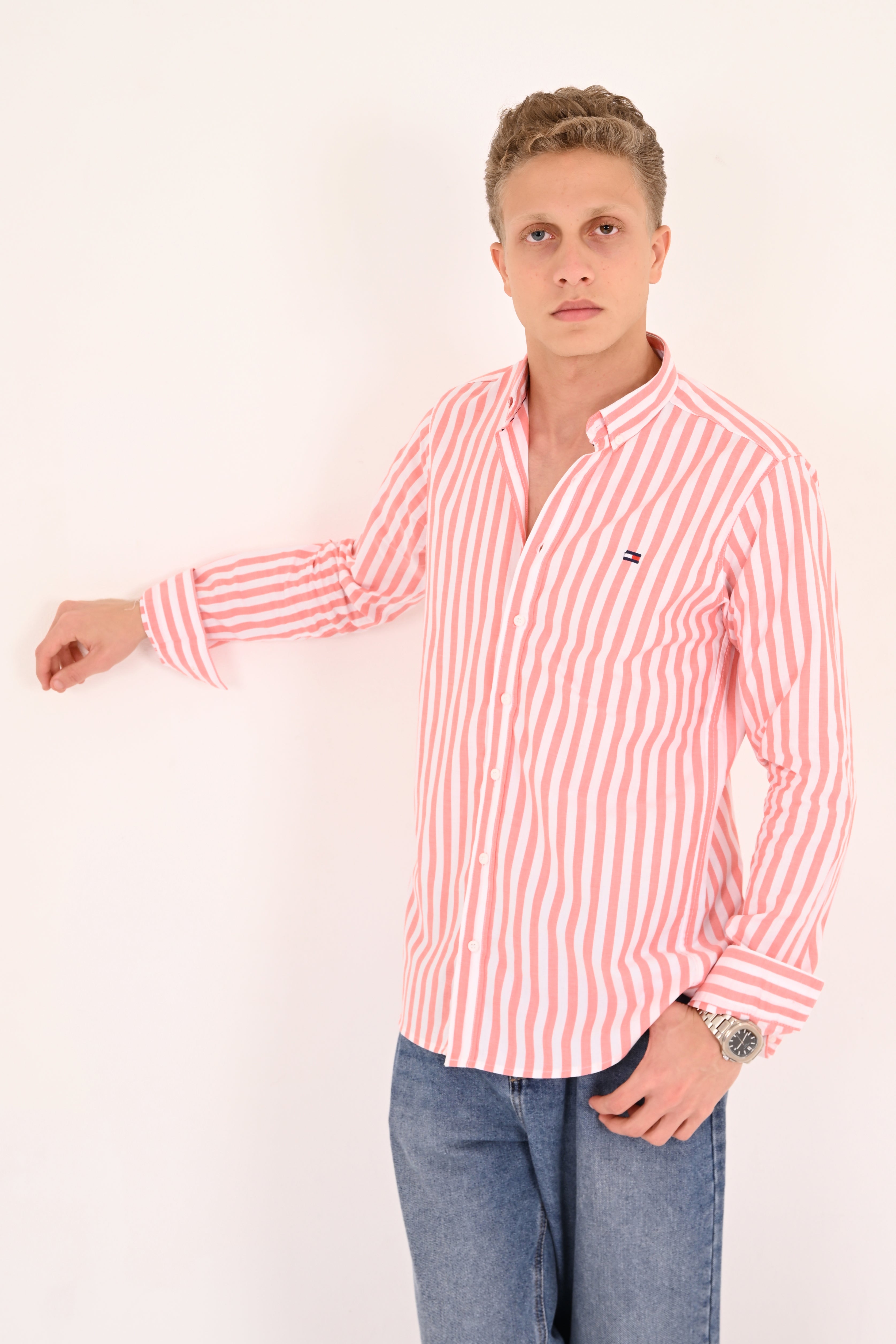 Coral Pink Striped Tommy Regular Fit Shirt