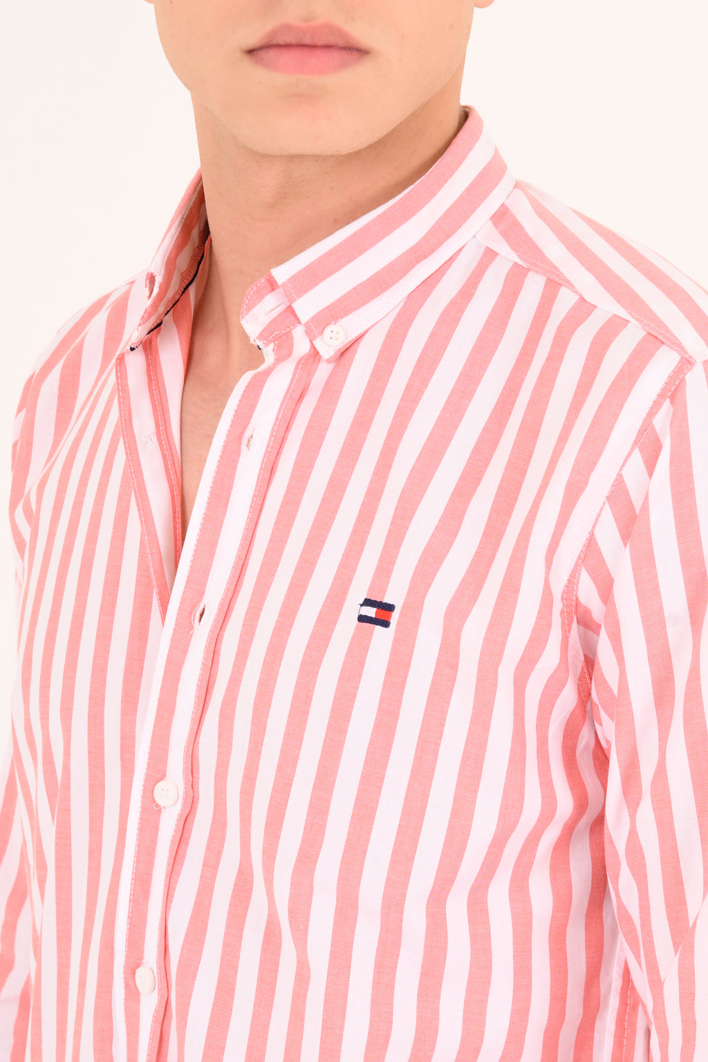 Coral Pink Striped Tommy Regular Fit Shirt
