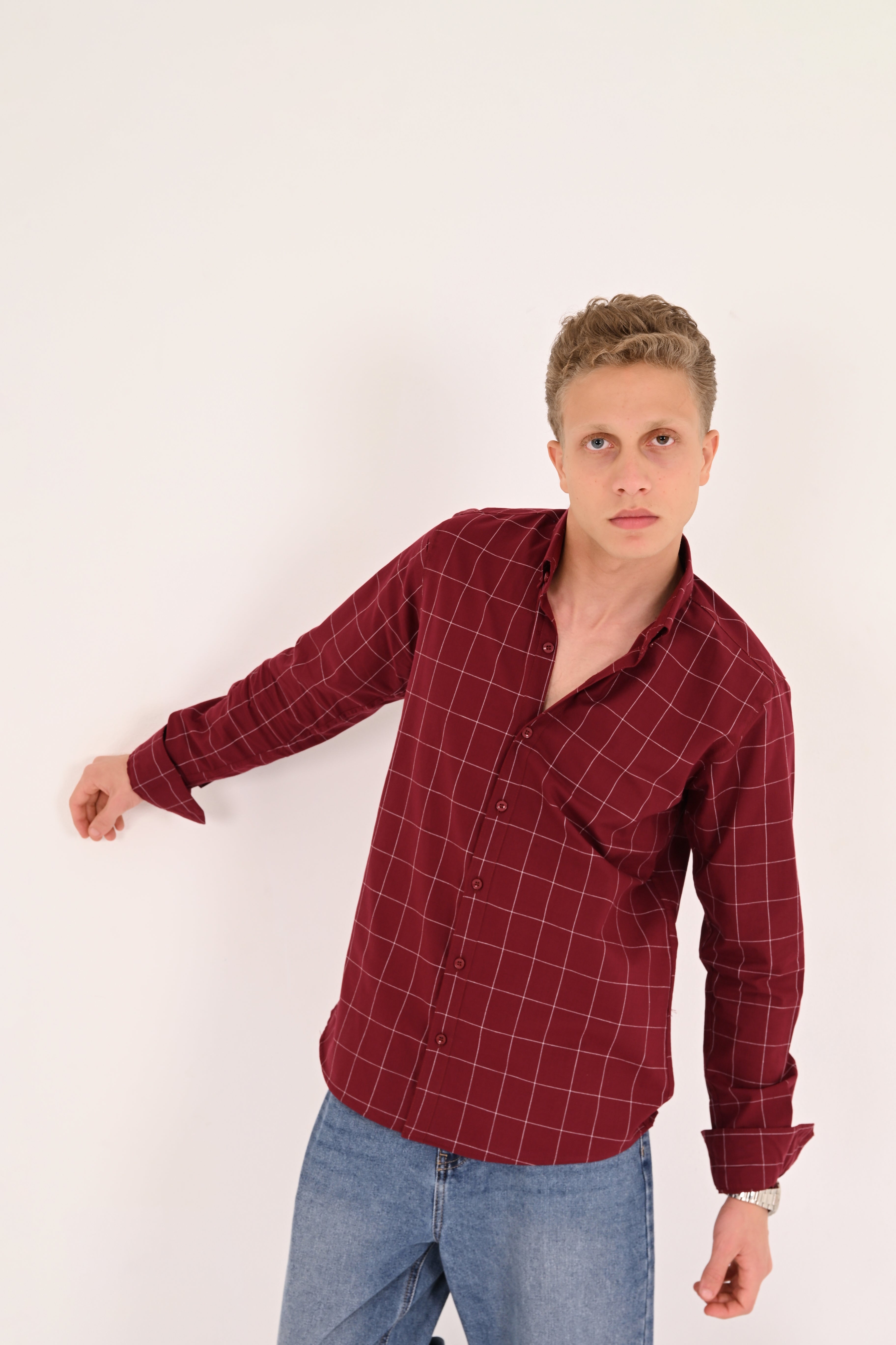Burgundy Windowpane Regular Fit Check Shirt