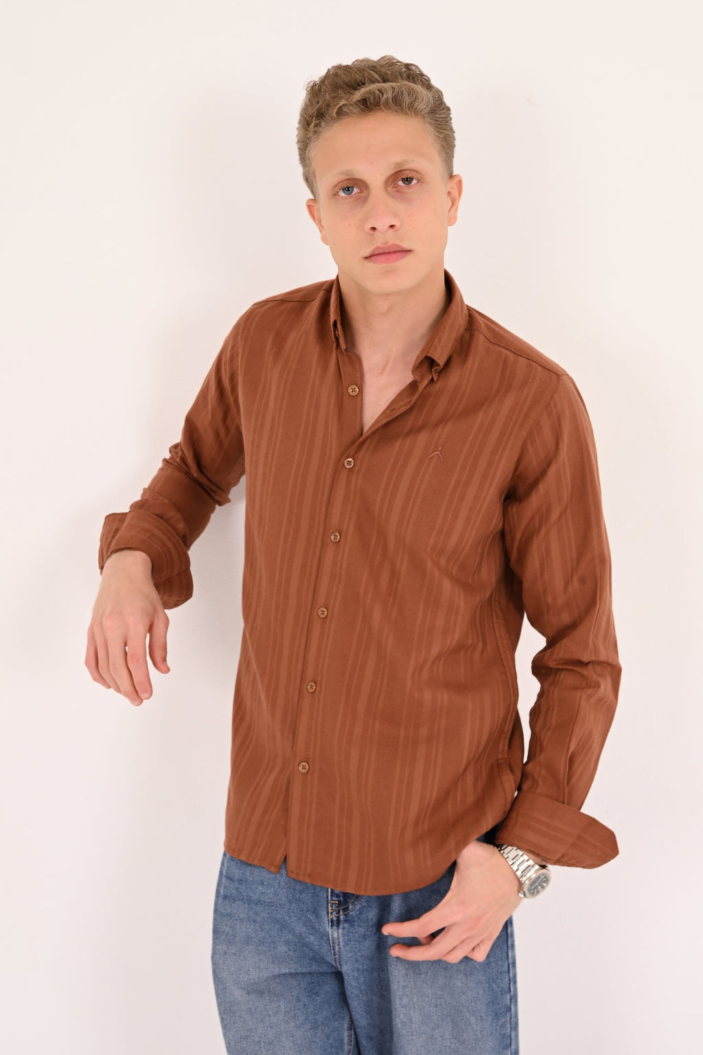 Warm Tobacco Cotton Jacquard Regular Fit Shirt