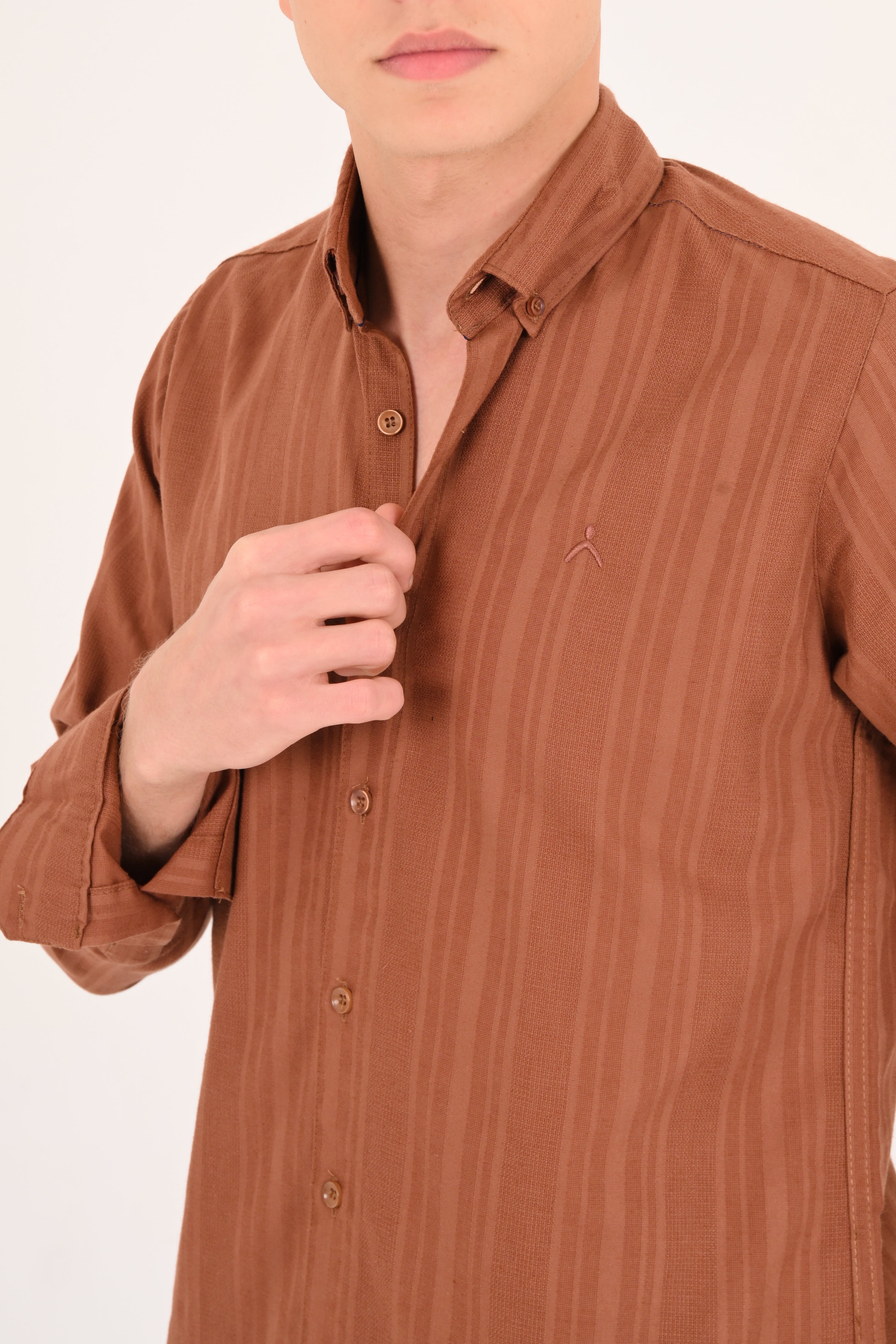 Warm Tobacco Cotton Jacquard Regular Fit Shirt