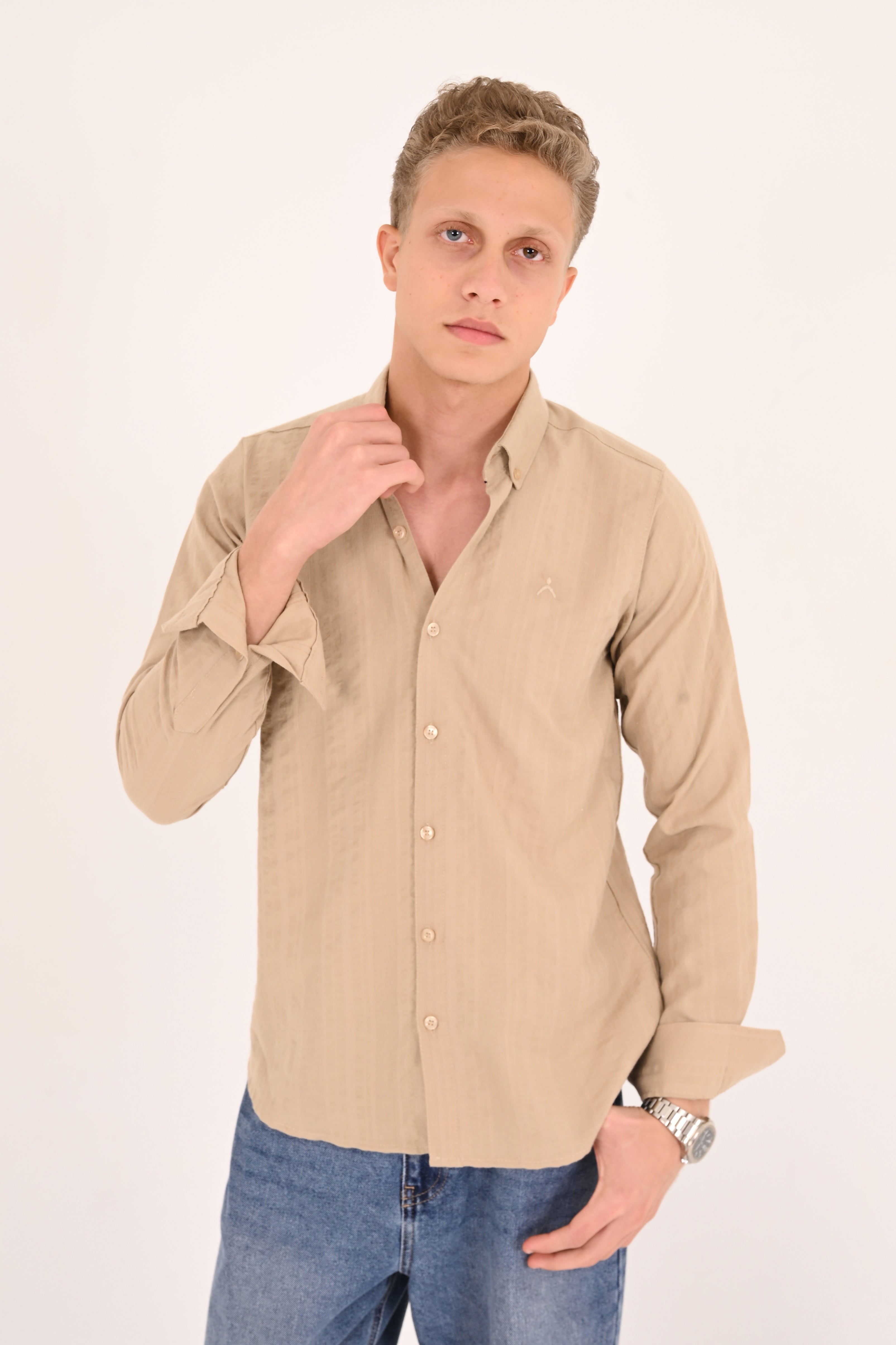 Warm Sand Cotton Jacquard Regular Fit Shirt