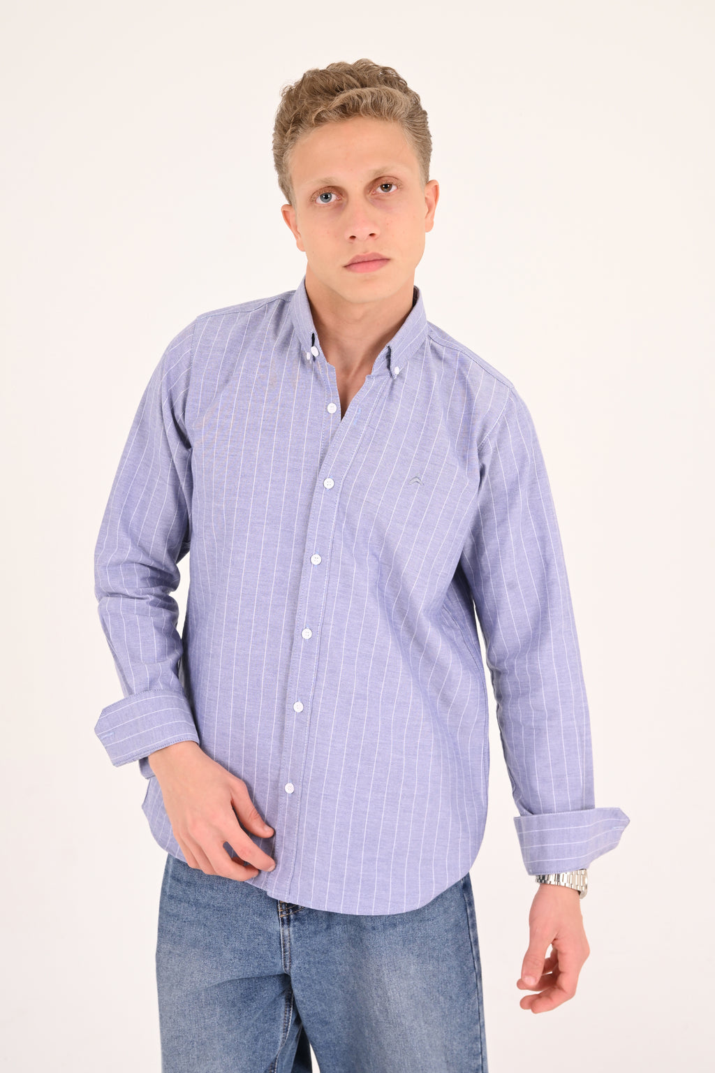 Sky Blue Striped Cotton Regular Fit Shirt