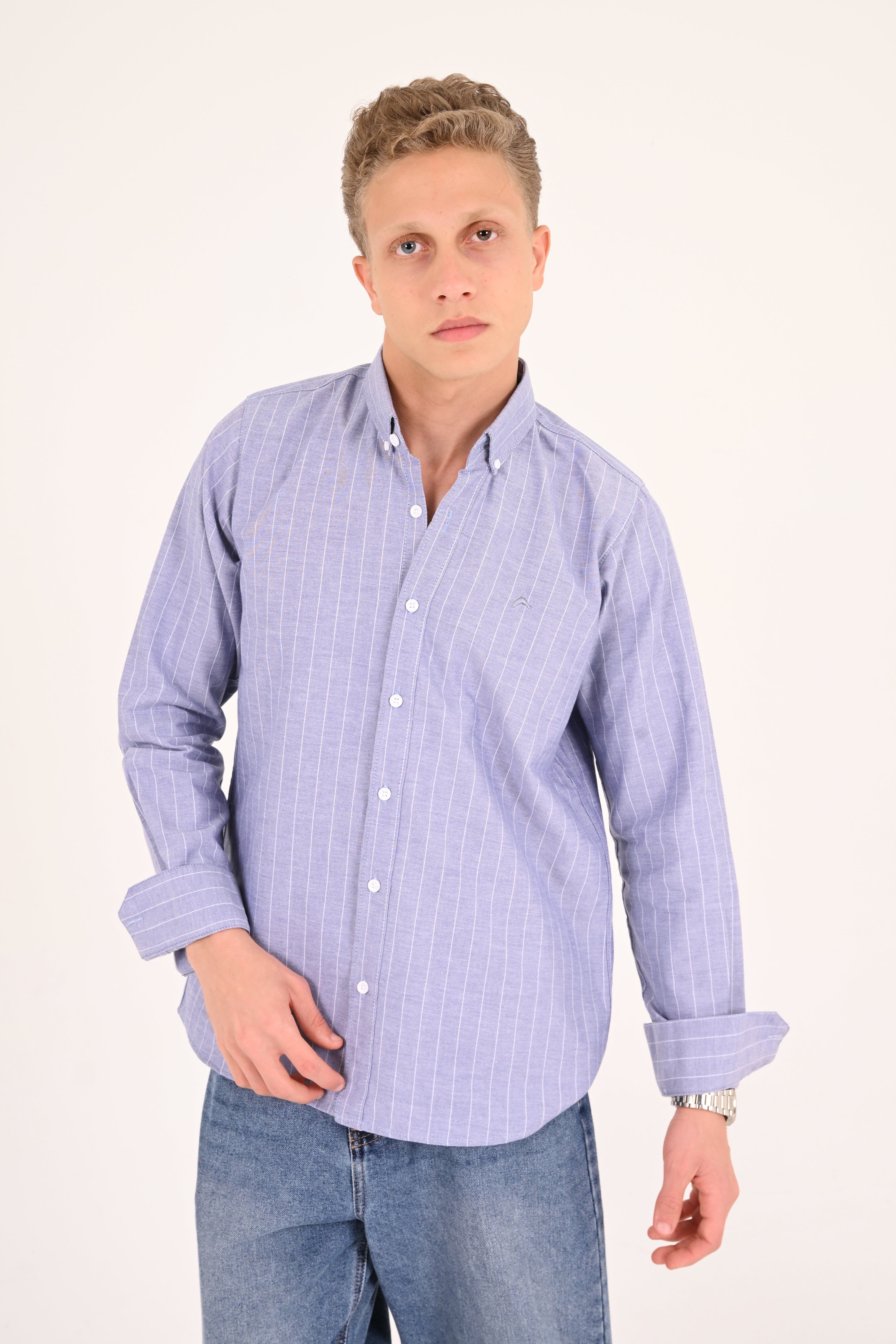 Sky Blue Striped Cotton Regular Fit Shirt