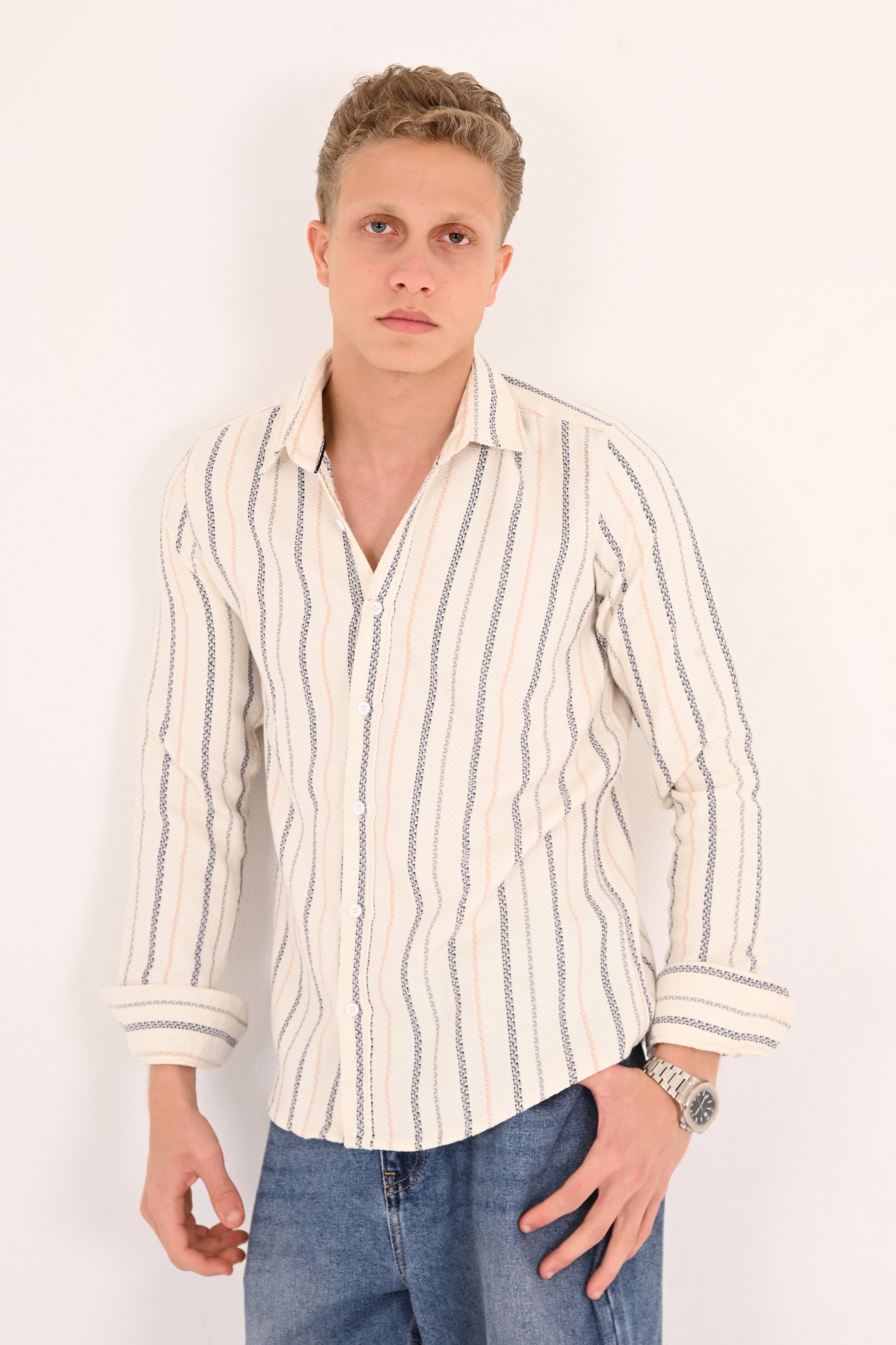 Cream Navy Textured Stripe Regular Fit Shirt