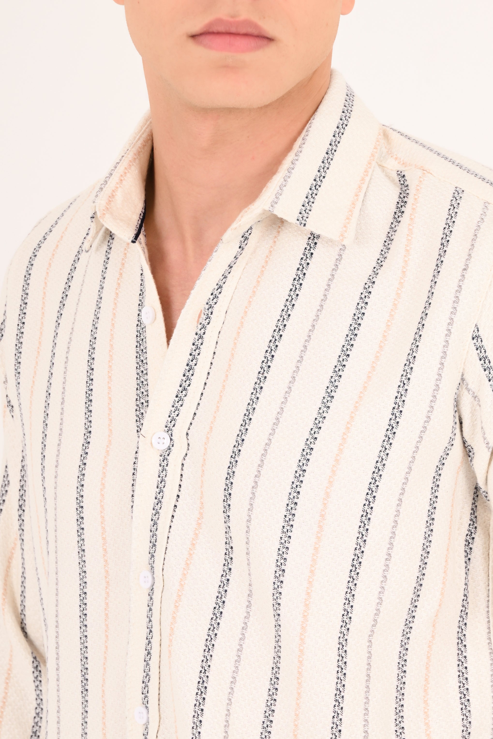 Cream Navy Textured Stripe Regular Fit Shirt