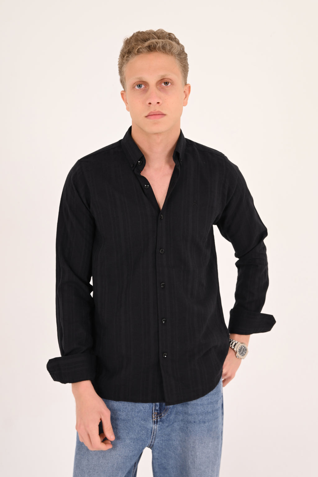 Black Cotton Jacquard Regular Fit Shirt