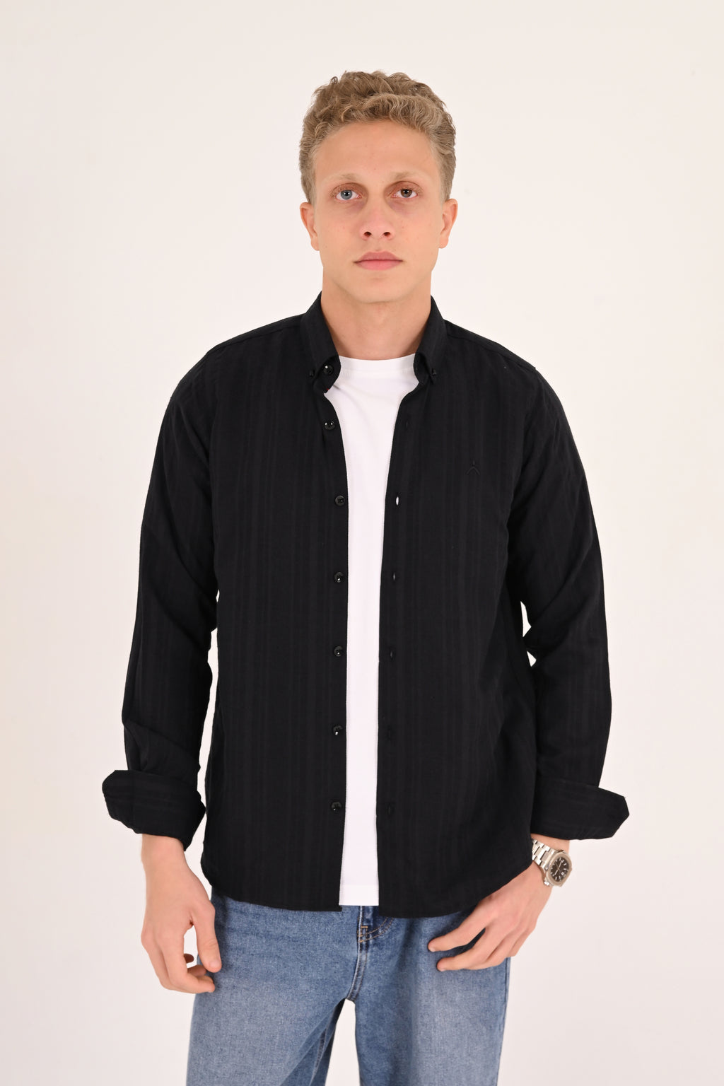 Black Cotton Jacquard Regular Fit Shirt