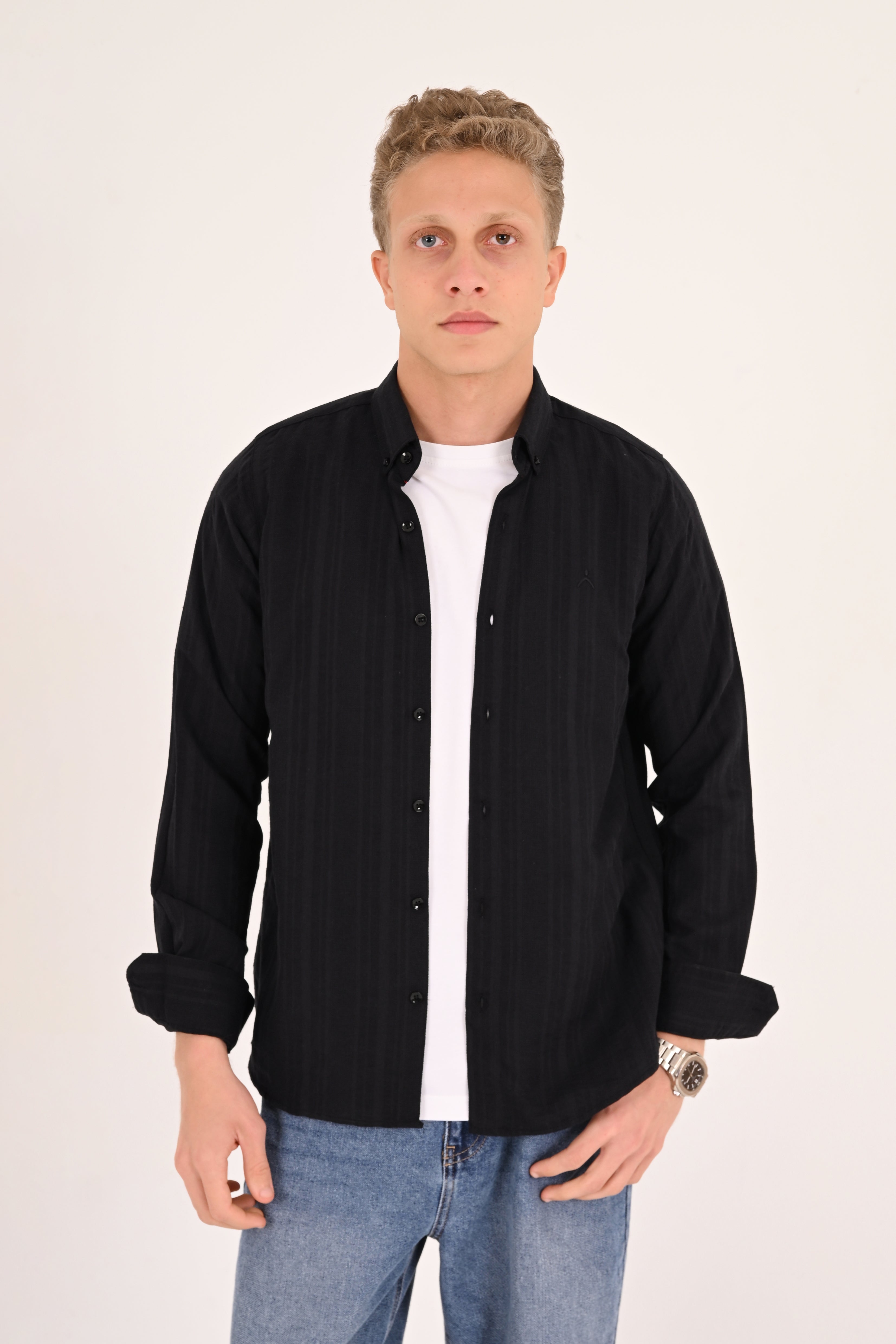 Black Cotton Jacquard Regular Fit Shirt