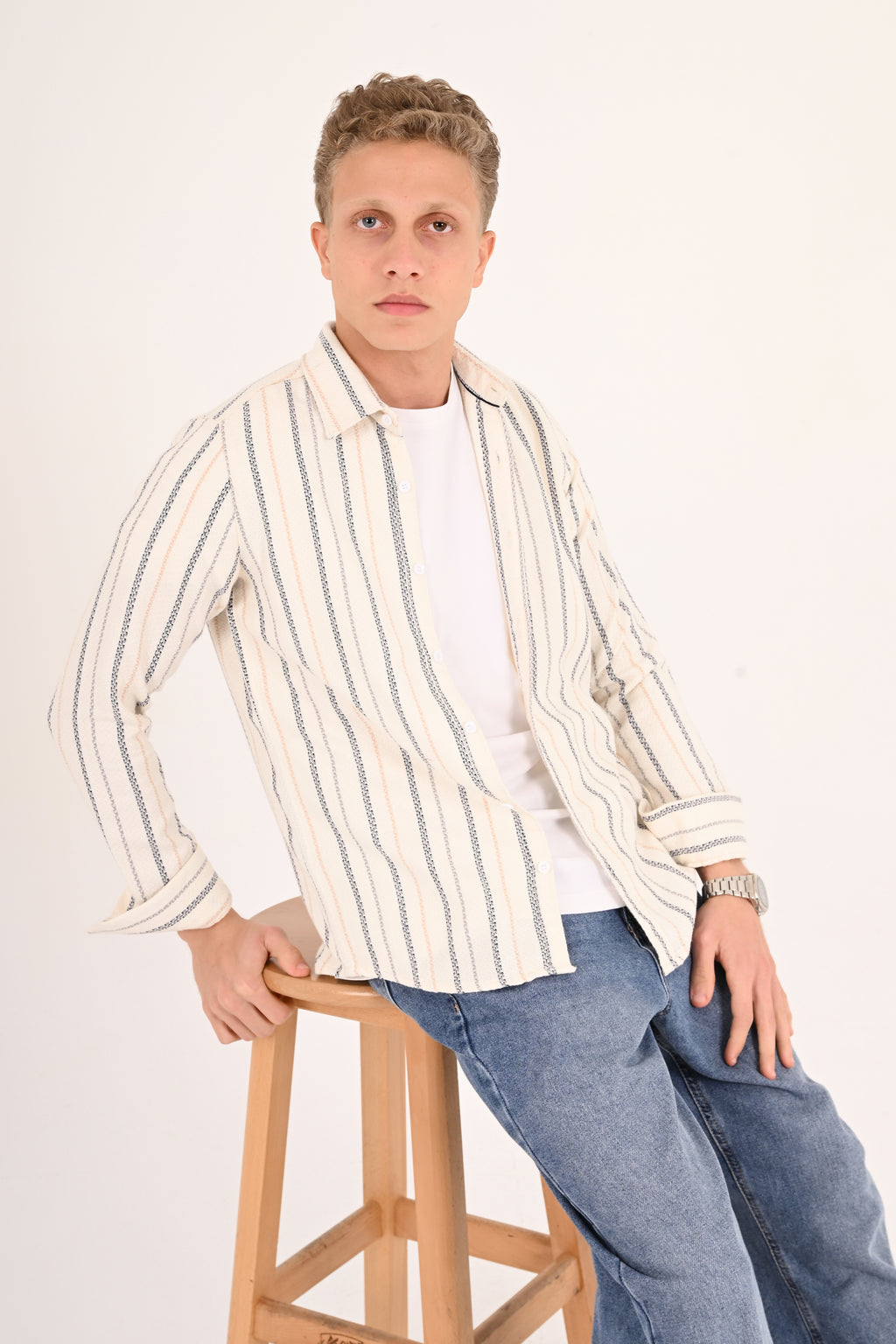 Cream Navy Textured Stripe Regular Fit Shirt