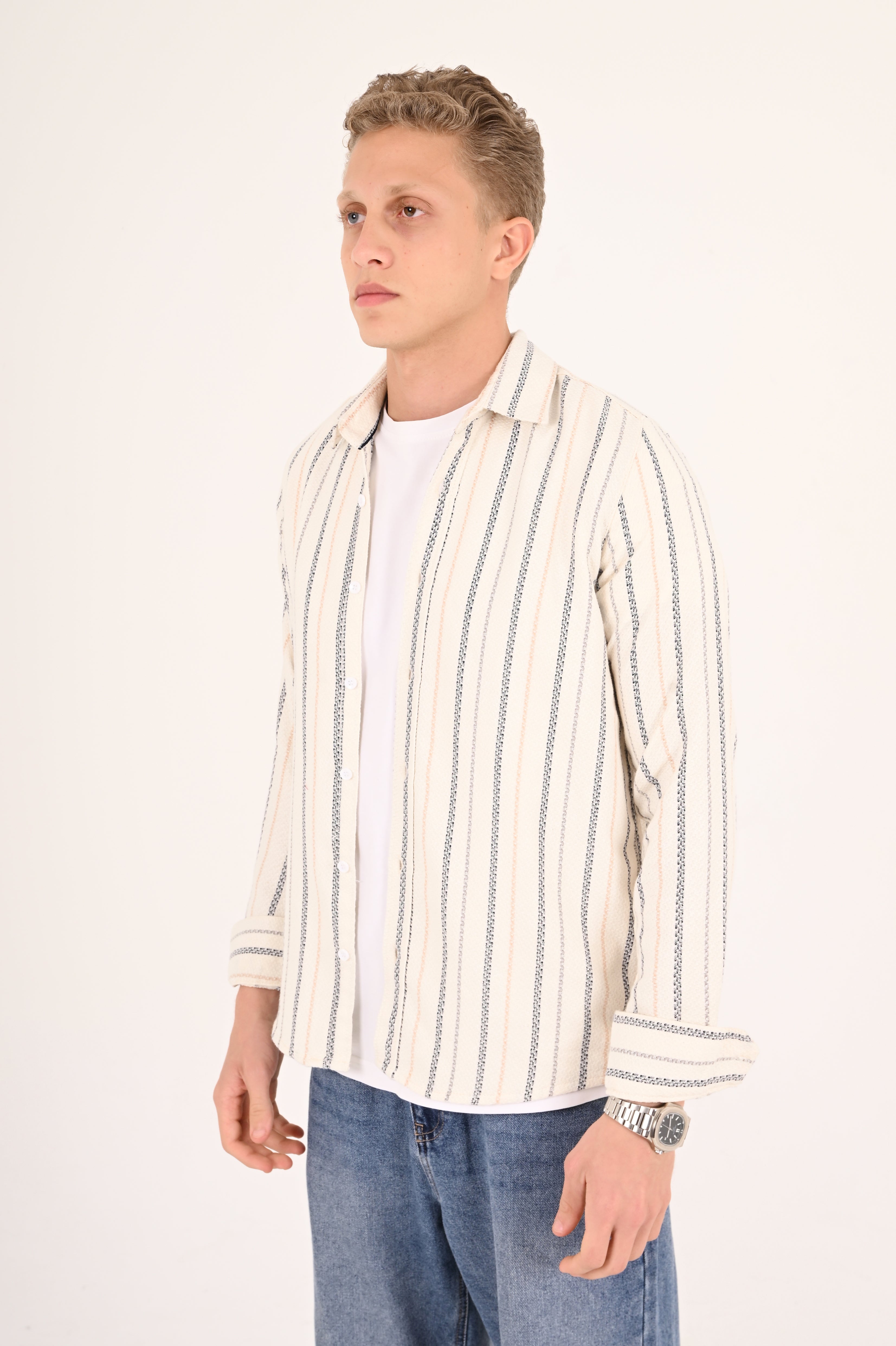 Cream Navy Textured Stripe Regular Fit Shirt