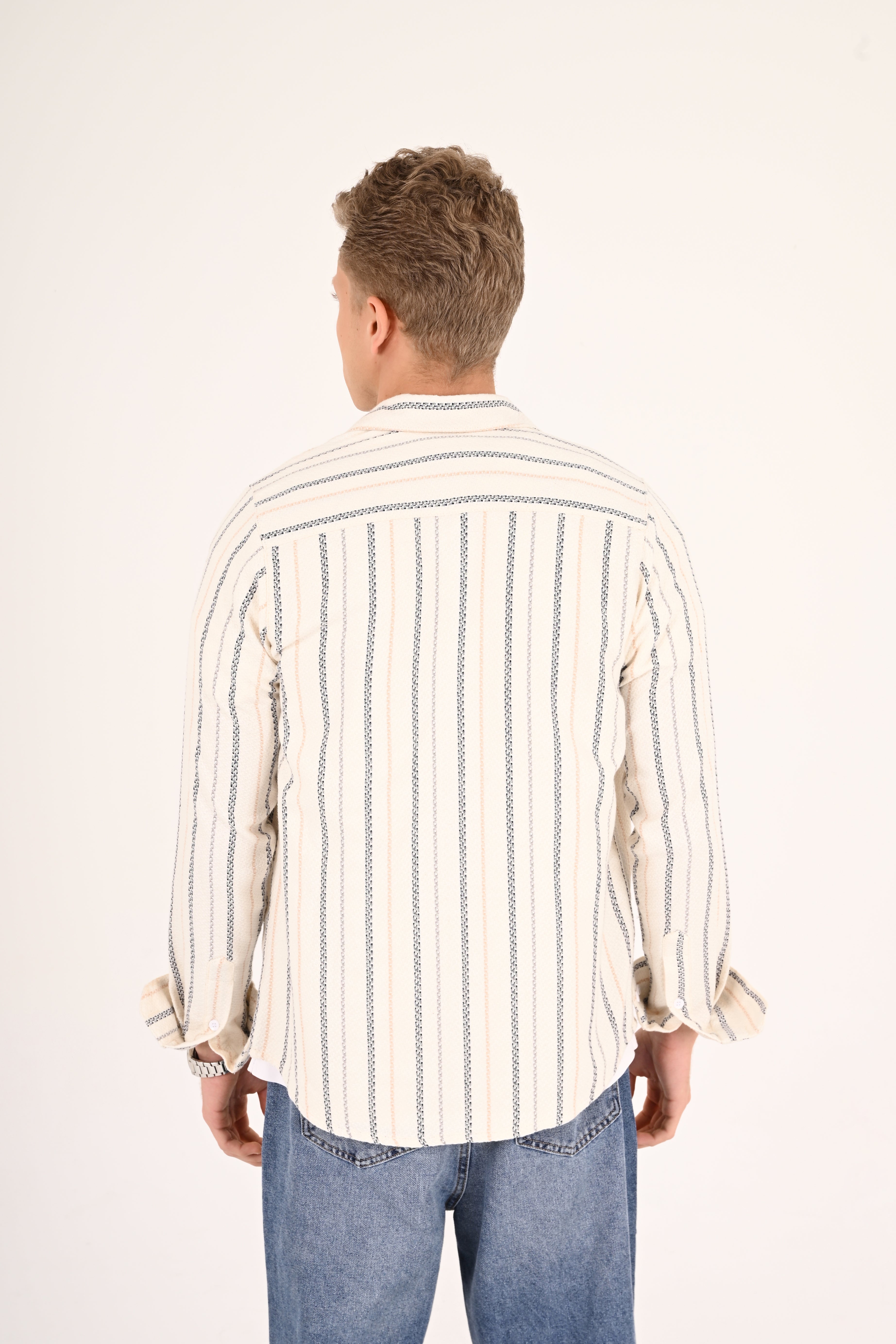Cream Navy Textured Stripe Regular Fit Shirt